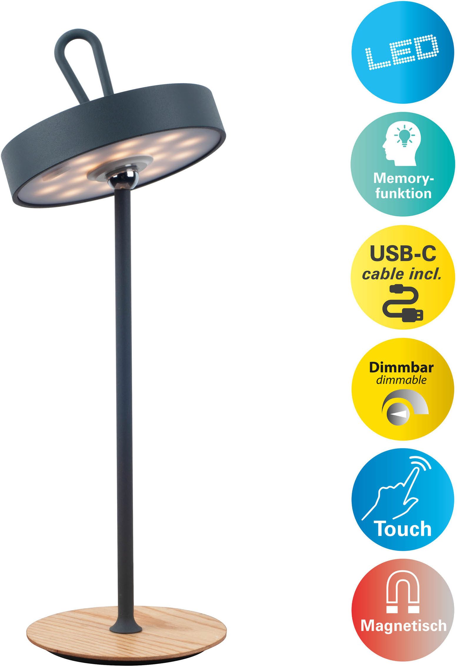 OTTO home LED Tischleuchte Ellvra mit Holzfuß, abnehmbares Kopfteil als Hängeleuchte verwendbar, Dimmfunktion, LED fest integriert, Warmweiß, aufladbar, inkl Ak – Bild 2 von 5