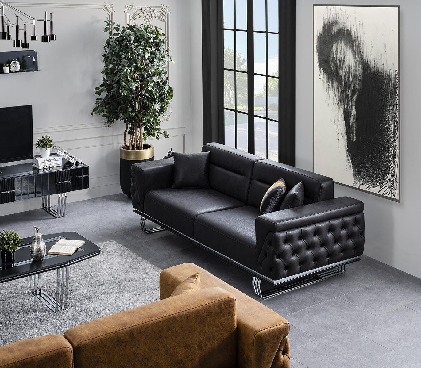 Made Sofa Europa in 3 Sofa Wohnzimmer, Sofas Sitzer Schwarz Teile, 1 JVmoebel Kunstleder Dreisitzer