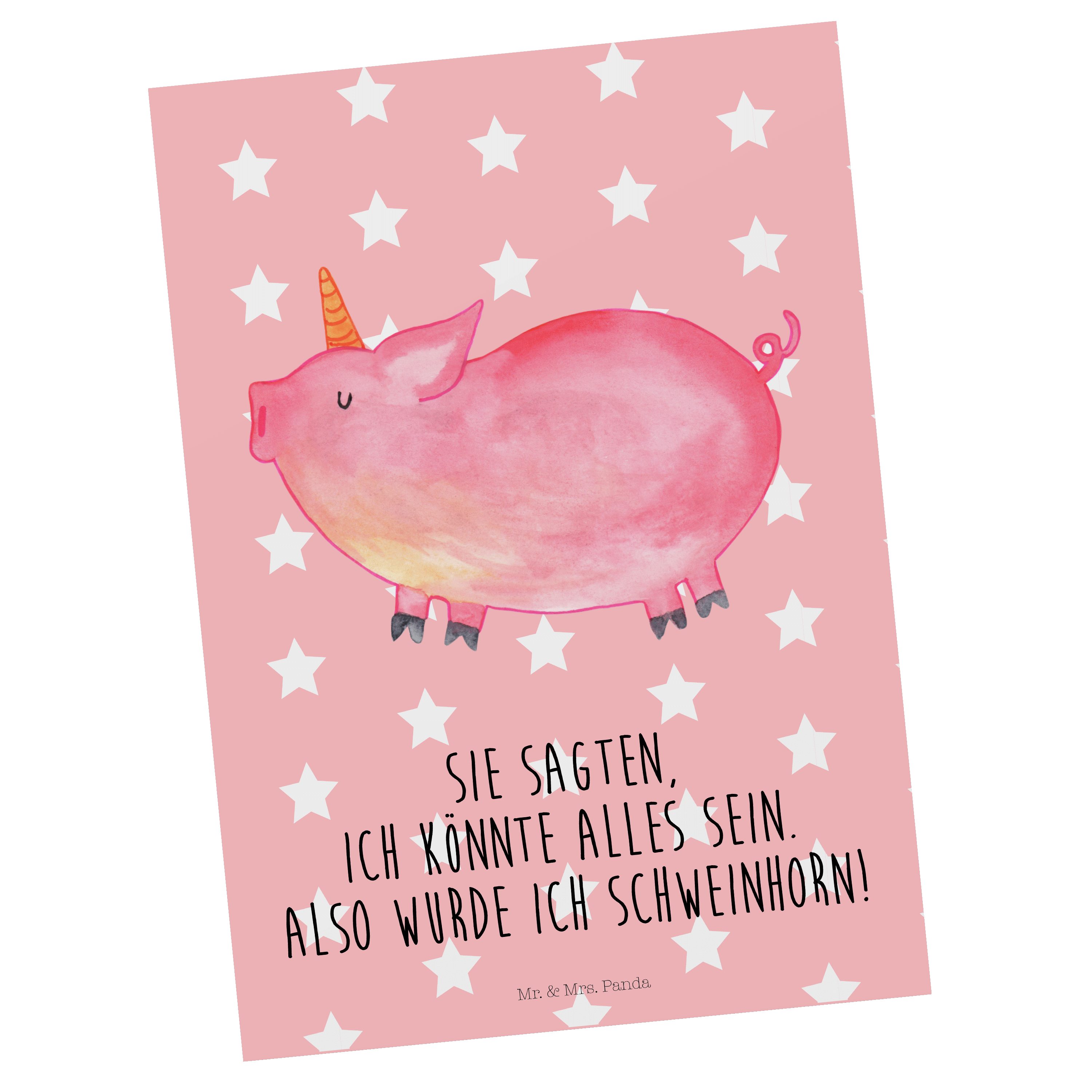 Mr. & Mrs. Panda Postkarte Einhorn Schweinhorn - Rot Pastell - Geschenk, Geburtstagskarte, Grußk