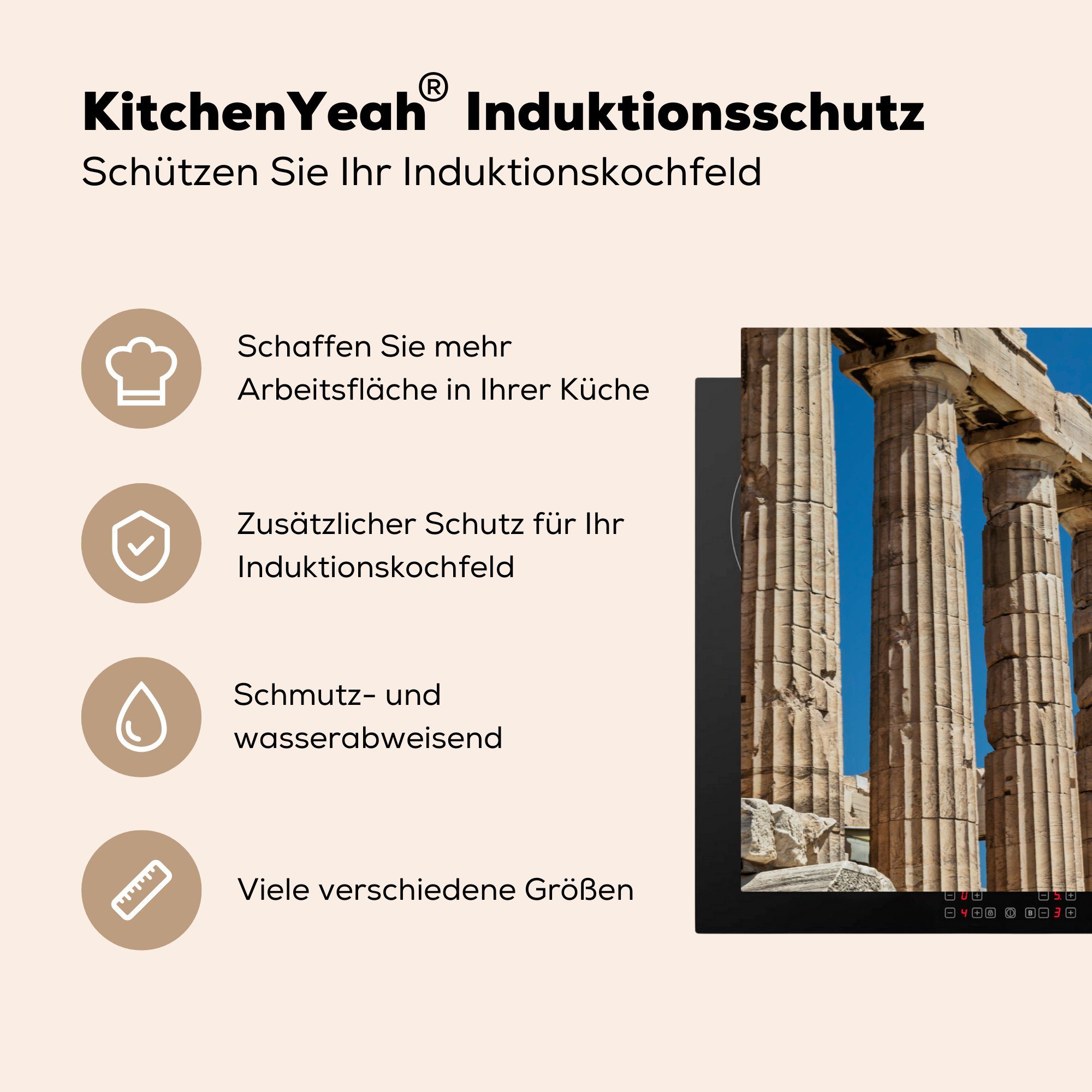 die Vinyl, Herdblende-/Abdeckplatte für MuchoWow küche, Schutz tlg), Ceranfeldabdeckung (1 Parthenon, cm, 81x52 des Induktionskochfeld Ruinen
