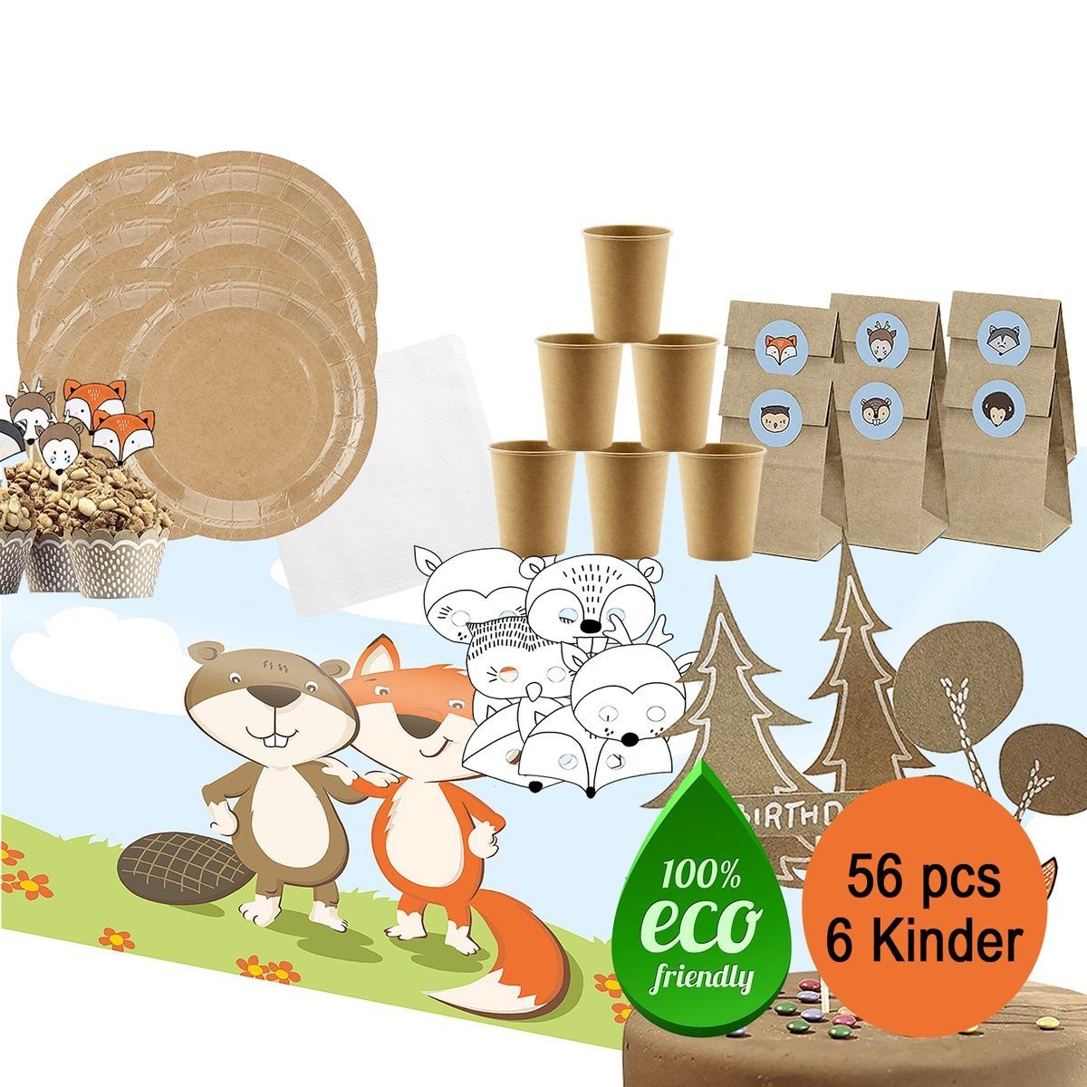 partydeco Einweggeschirr-Set Waldtier Fuchs Party Deko Set für Kindergeburtstage