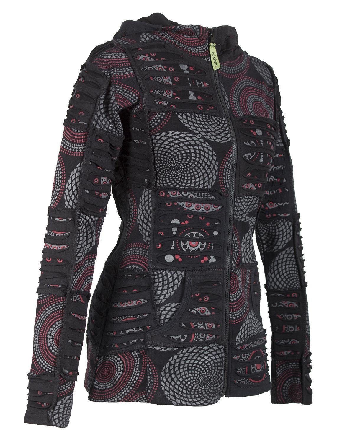 mit Cutwork Goa, Hoodie, schwarz Elfen, Vishes Kurze Zipfelkapuze Patchworkjacke Ethno Kapuzensweatjacke Style und