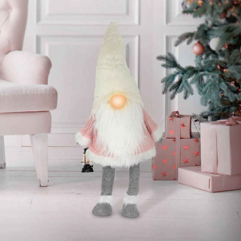 ECD Germany Weihnachtsfigur LED Wichtel-Figur Weihnachtsdeko Weihnachtswichtel Weihnachtszwerg, Warmweiß beleuchtete Laterne und Nase 80cm Rosa-Weiß batteriebetrieben