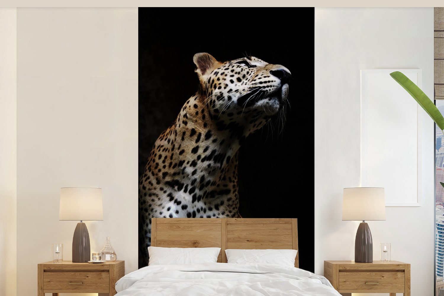 MuchoWow Fototapete Leopard - Schwarz - Farbton, Matt, bedruckt, (2 St), Vliestapete für Wohnzimmer Schlafzimmer Küche, Fototapete