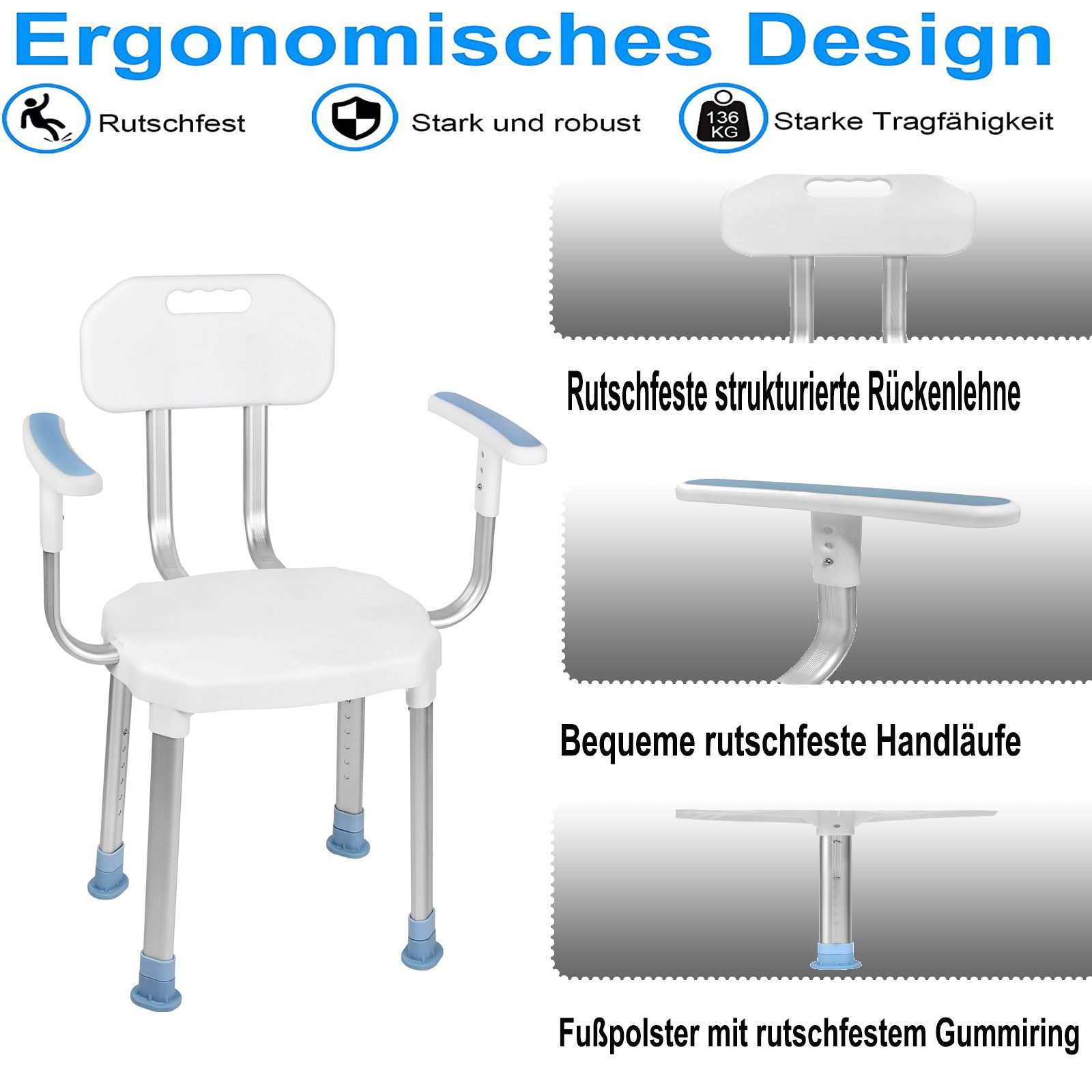 FIVMEN Duschstuhl mit Rückenlehne und Armlehne, rutschfest, Duschhocker höhenverstellbar