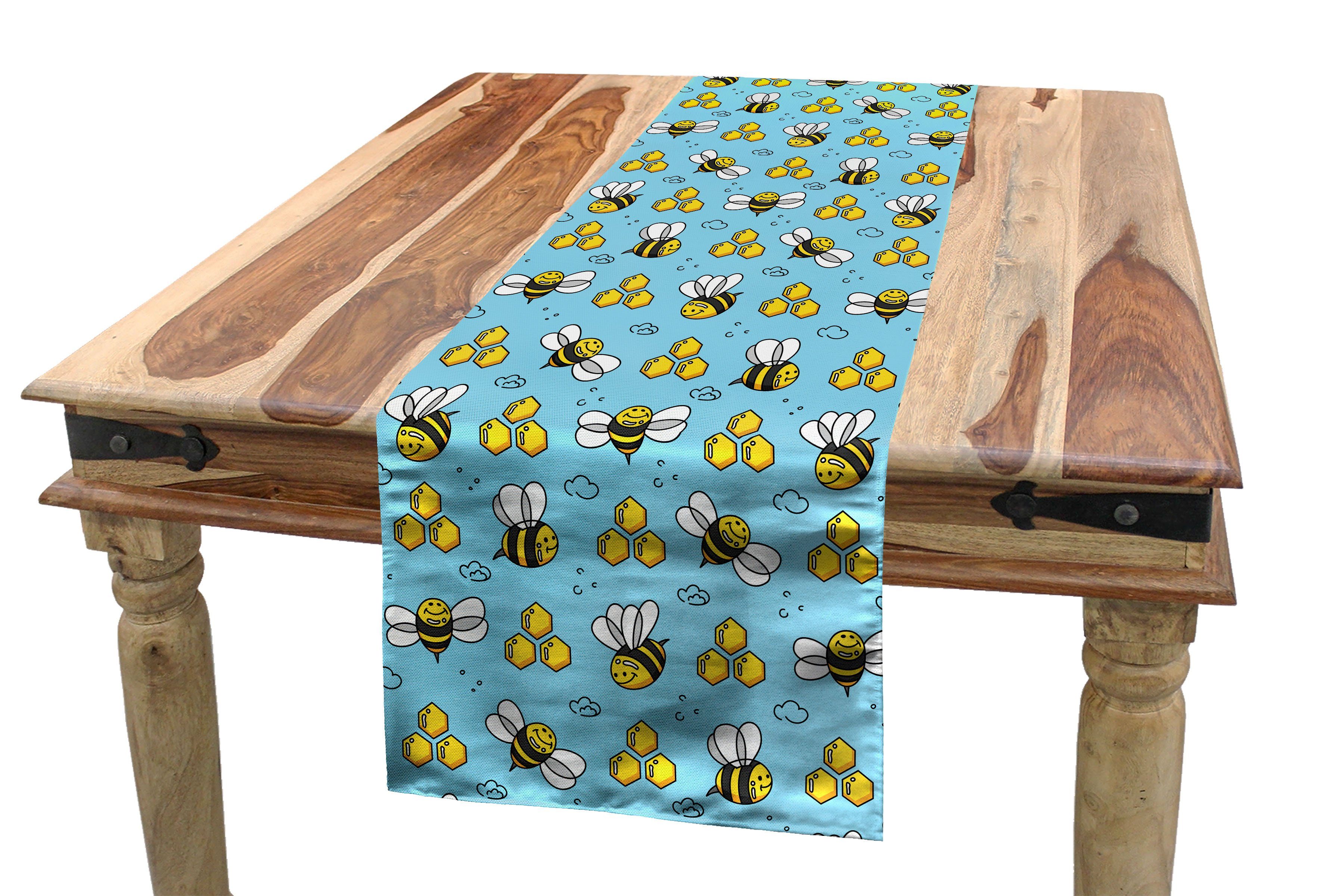 Bee Honey Esszimmer Glückliche Bienen Küche Tischläufer Dekorativer Tischläufer, Cartoon-Stil Rechteckiger Abakuhaus
