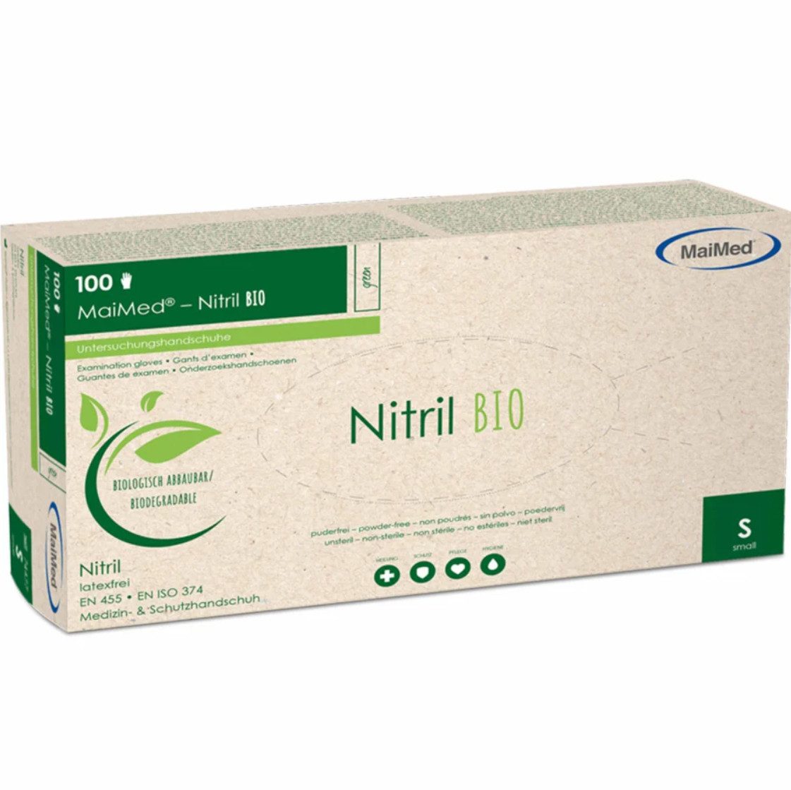 DocMed Nitril-Handschuhe MaiMed Nitril Bio U.-Handschuhe grün Gr. S/M/L/XL (Einweghandschuhe, 100-St., Texturierte Fingerspitzen für verbesserten Griff) Puderfrei zur Minimierung von Hautreizungen
