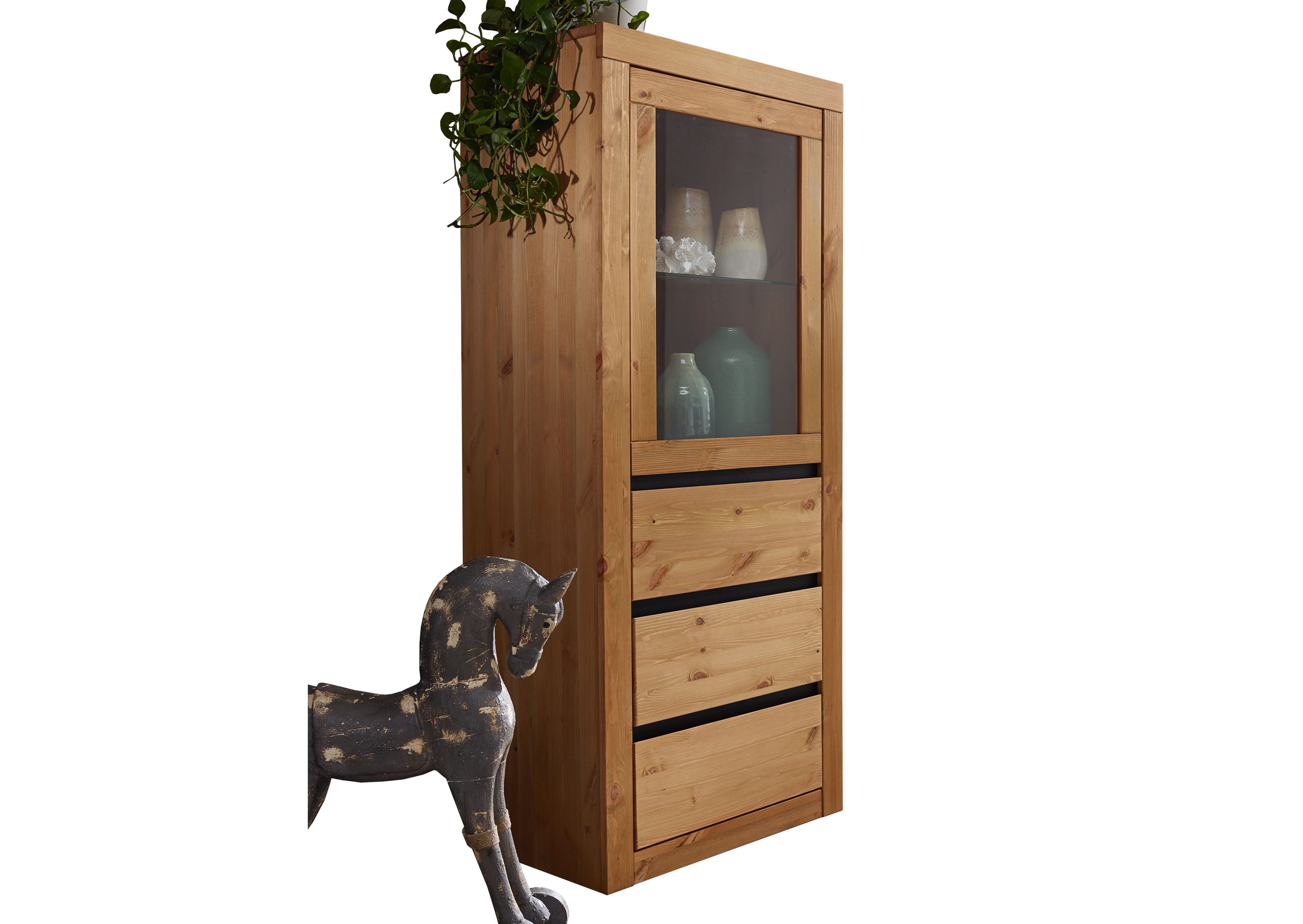 Woodroom Highboard Weimar (Kiefer massiv, 62x150x42 cm), Wohnzimmerschrank, Vitrine, Hochkommode, Schrank mit Glastür