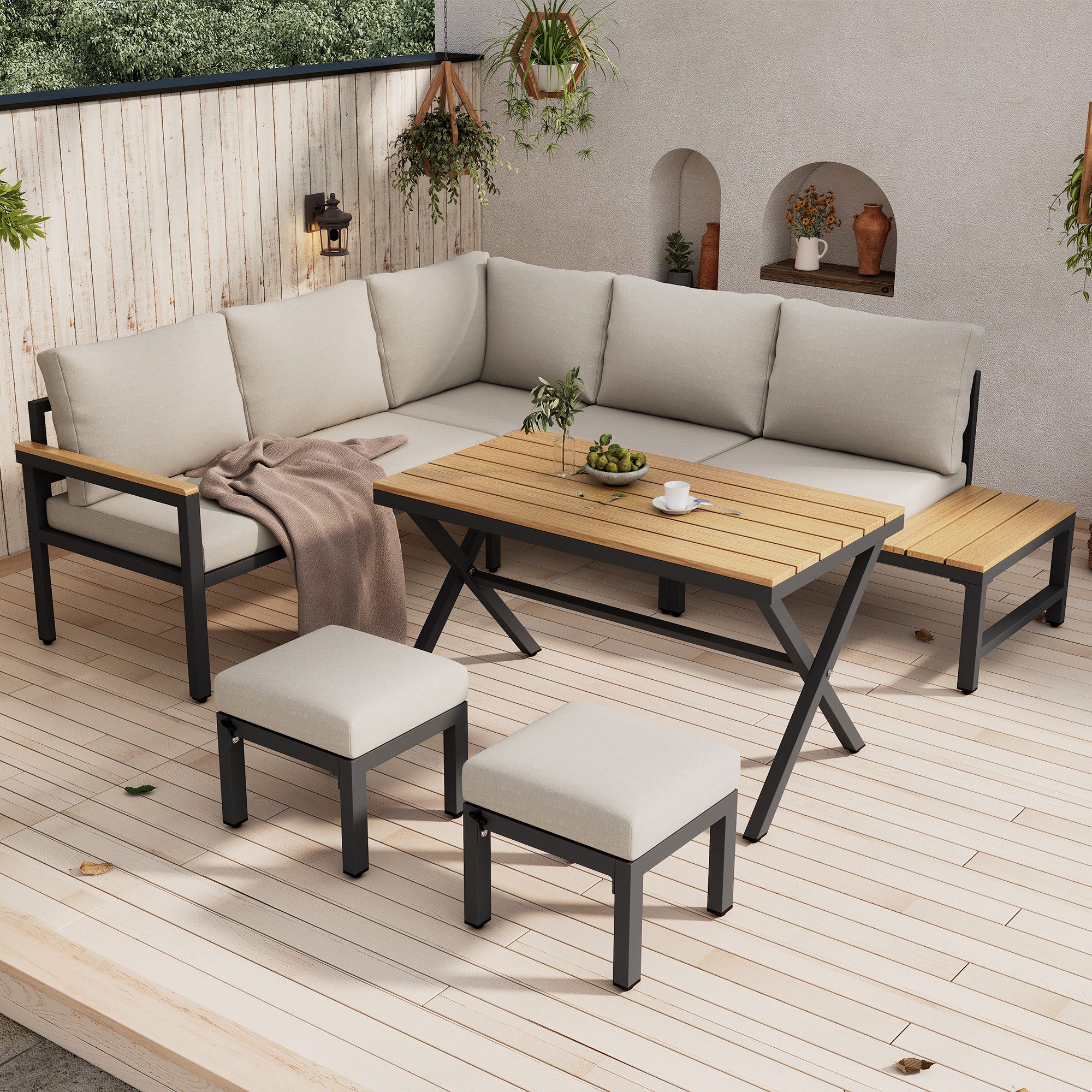 Merax Gartenlounge-Set aus Kunststoffholz und verzinktem Eisen, (6-tlg., Sitzgruppe GartengarniturTerrassenmöbel), 7-Sitzer Gartenmöbel Essgruppe mit Ecksofa, Sofa, Hocker & Esstisch