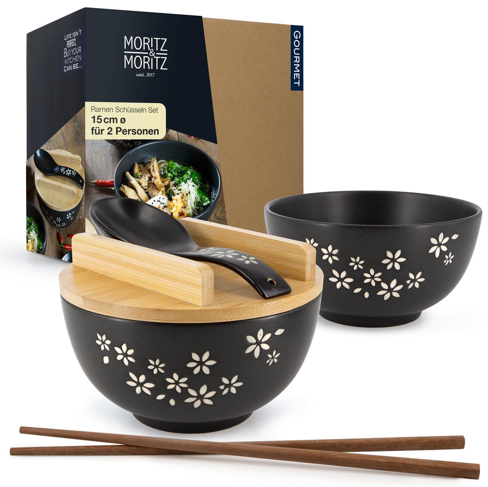 Moritz & Moritz Suppenschüssel 2er Set Ramen mit Blumen schwarz inklusive Deckel und Löffel, Keramik, (2 Personen, 10-tlg), Ramen Bowl Set