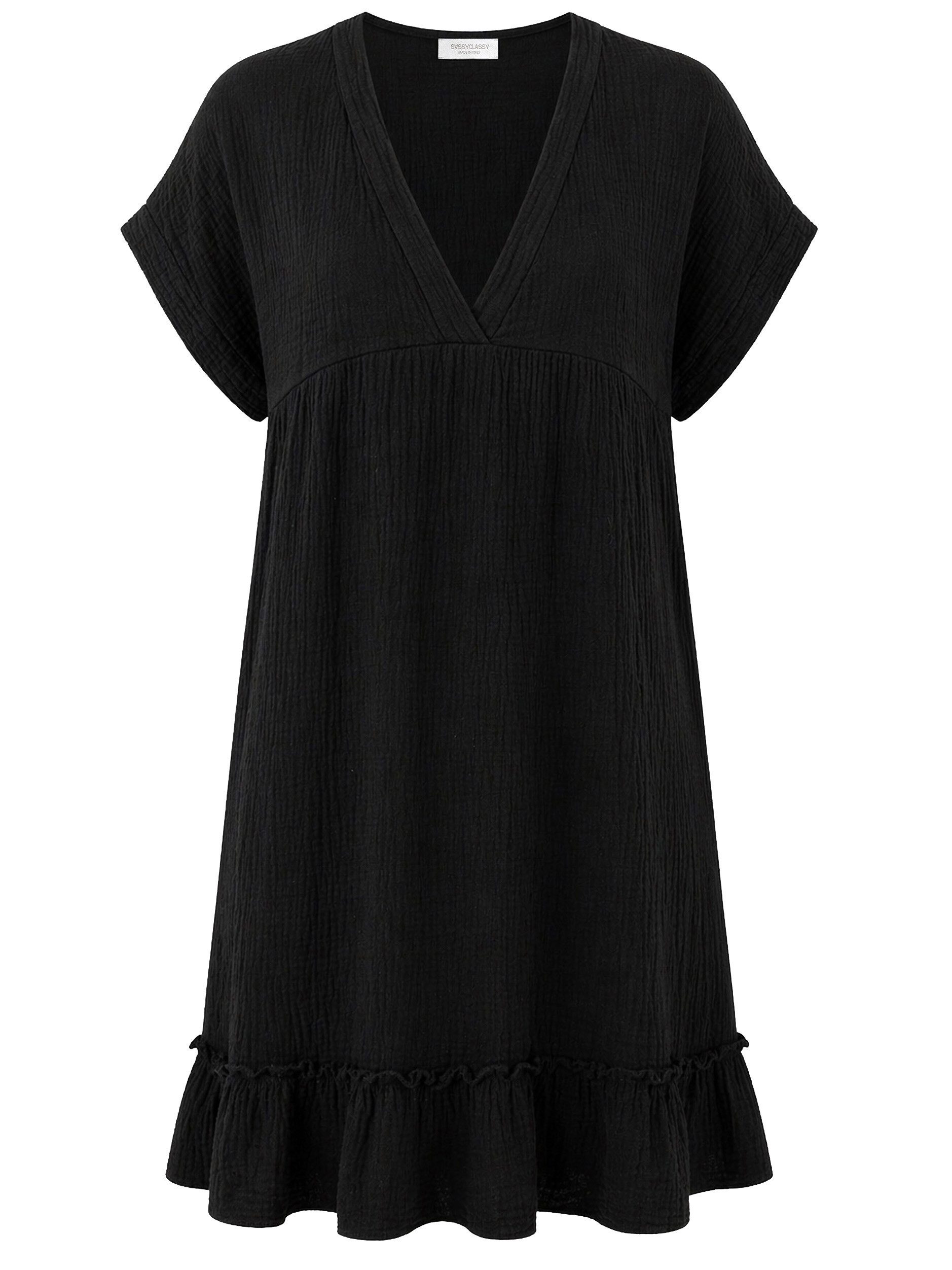 SASSYCLASSY Minikleid Musselin Kleid Damen Sommer Elegant V-Ausschnitt Leichtes Kleid kurzarm aus Baumwolle mit Volants Schwarz Gelb Pink