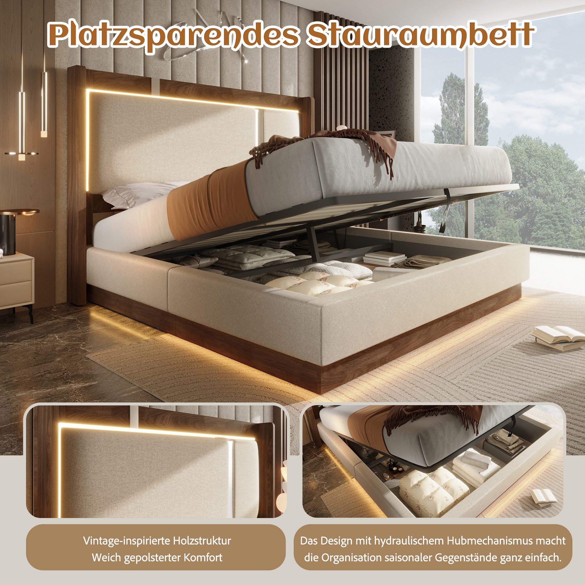 MODFU Polsterbett mit Retro-Look & App-gesteuerter LED (Packung, Beige, Leinen, 140x200 cm), Hydraulik-Bettkasten, ohne Matratze