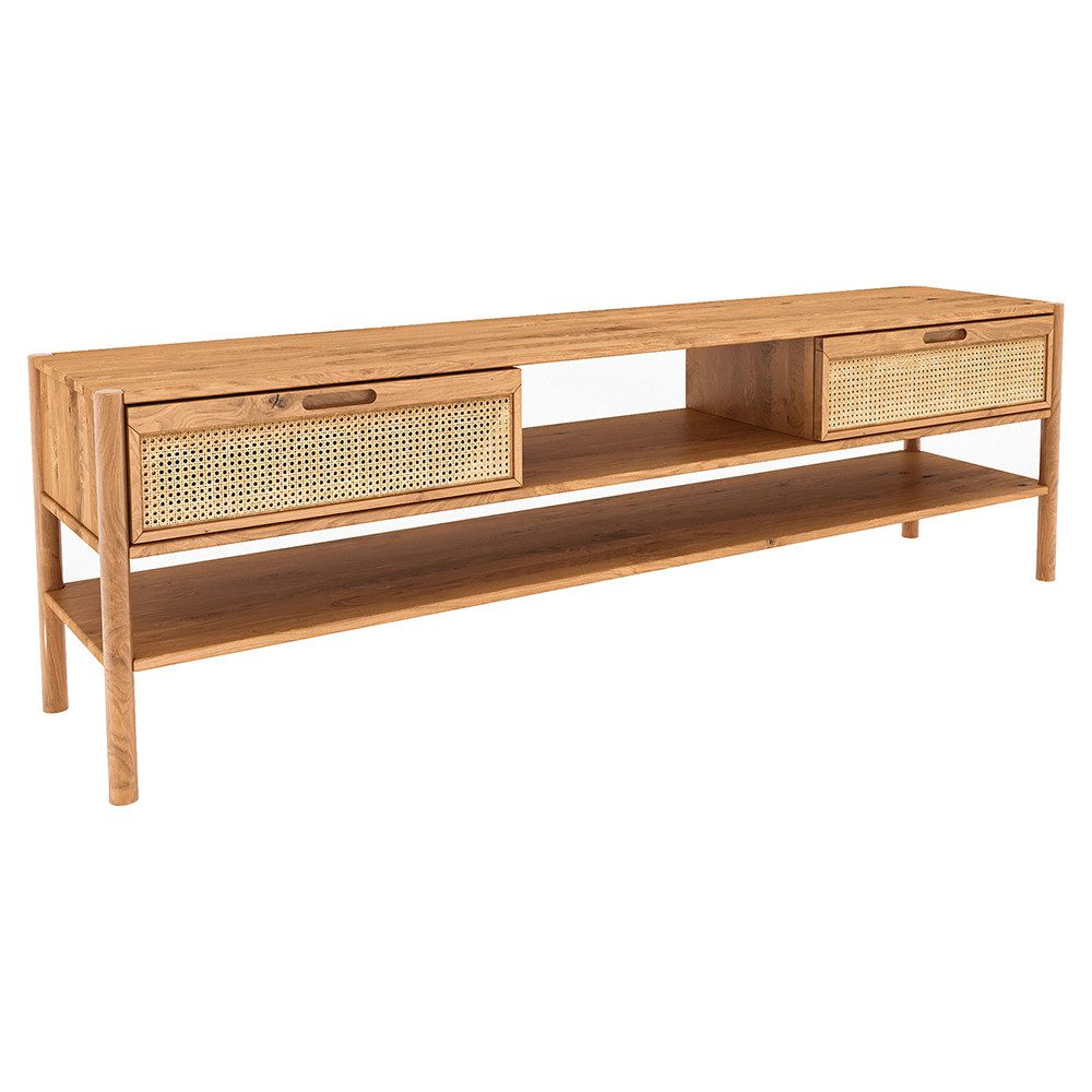 Lomadox Lowboard PORI-165, 204cm breit, Eiche massiv geölt, montierte Lieferung, Rattangeflecht