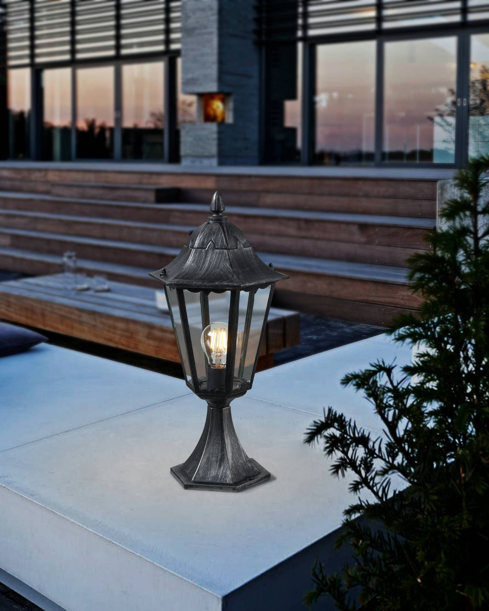 EGLO Sockelleuchte Navedo Sockellampe, Außenlampe aus Aluguss und Glas, E27, IP44, Lampe, ohne Leuchtmittel, Stehleuchte - H47 x Ø23 cm - schwarz, silber-patina - 1X60W exkl.