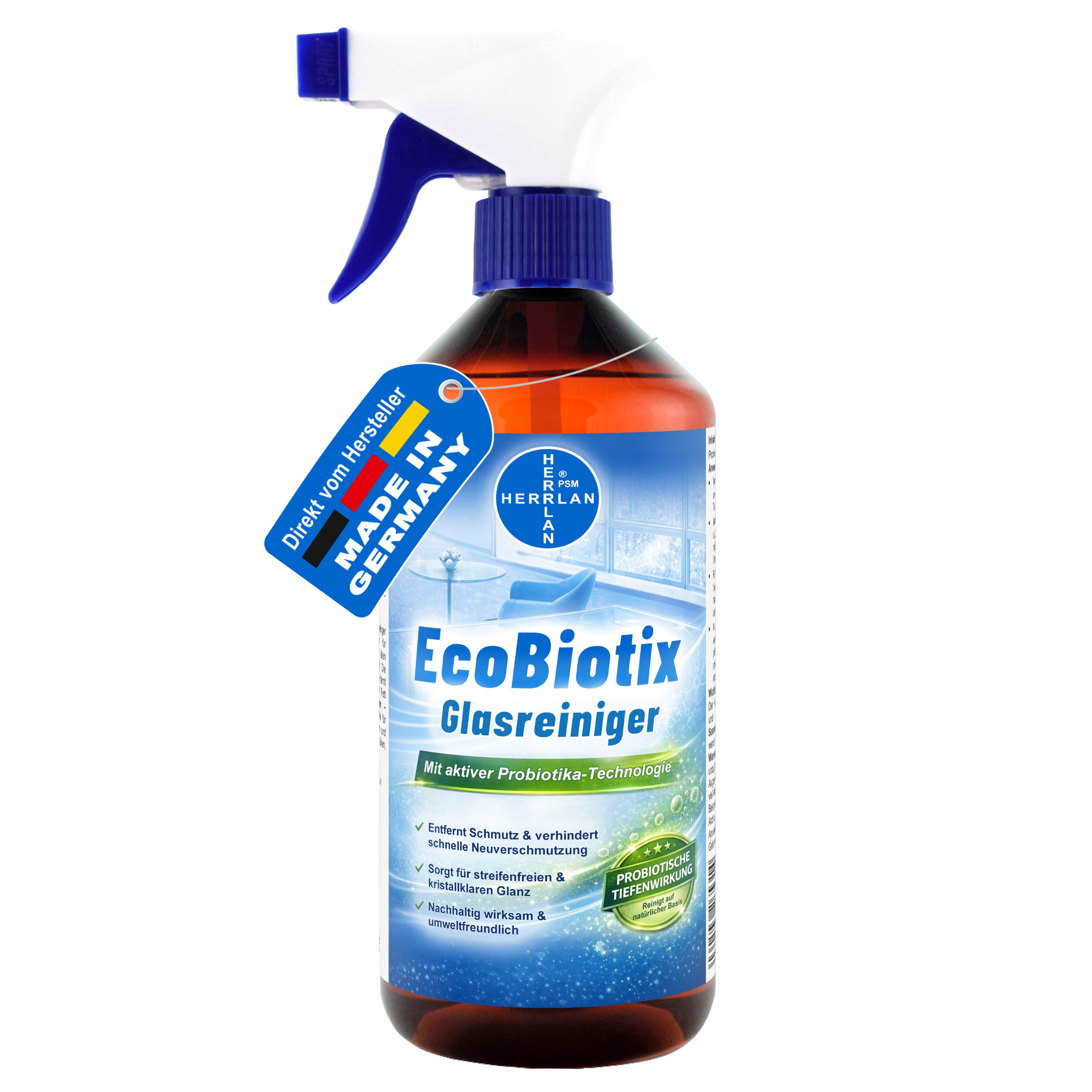 HERRLAN EcoBiotix HOCHLEISTUNGS Glasreiniger (1 Liter Tiefenreinigung mit Probiotika – Made in Germany)