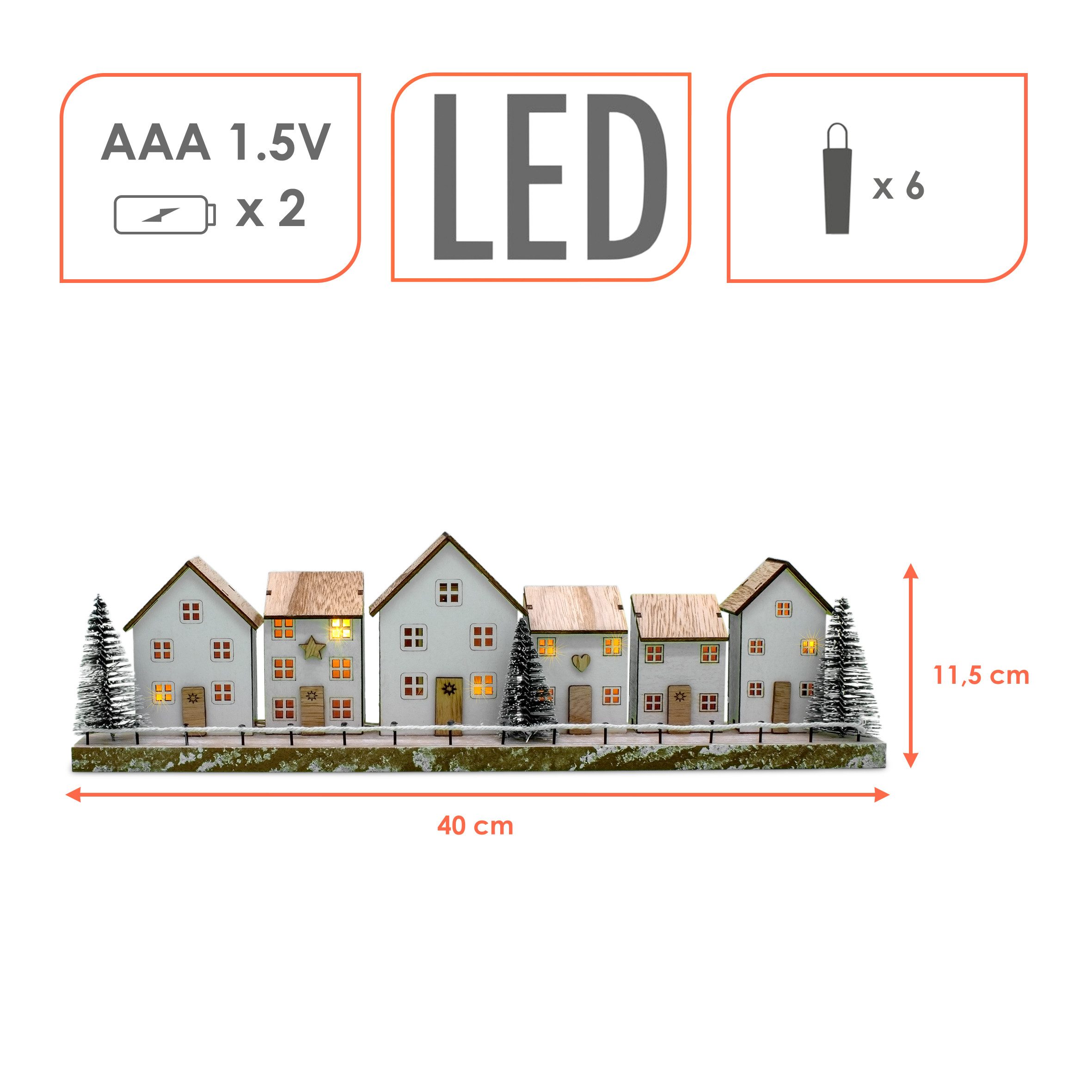 Spetebo Weihnachtsdorf LED aus Holz in weiß - 40 x 11 cm - Deko Winterlandschaft warm weiß, Batterie betrieben