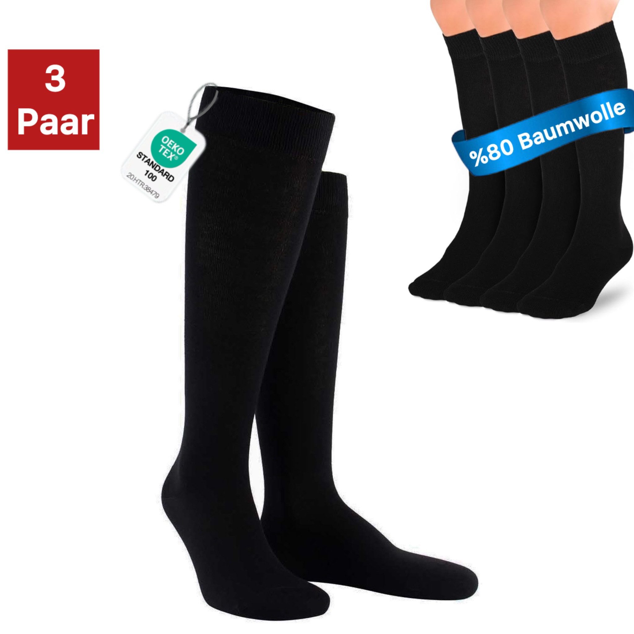NERS Kniestrümpfe 3-6 Paar Damen & Herren aus hochwertiger Baumwolle ohne drückende Naht (3-Paar) mit Komfortbund, Casual und Business