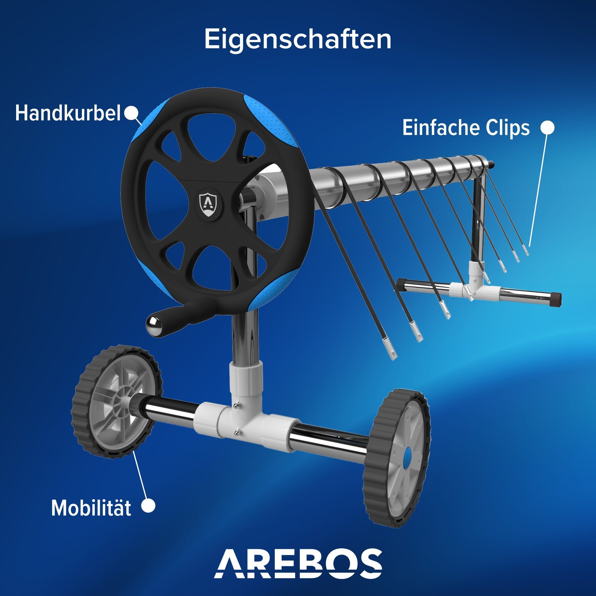 Arebos Pool-Abdeckplane Pool Aufroller, Länge von 3m - 5,70m, inkl. Befestigung & Rollen