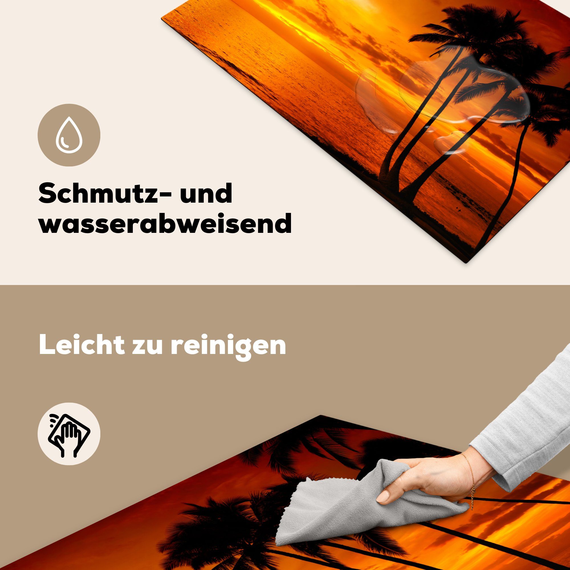 Orange (1 81x52 cm, Induktionskochfeld - Herdblende-/Abdeckplatte Sonnenuntergang küche, - Vinyl, - Ceranfeldabdeckung MuchoWow die Tropisch Meer, für Palme - Schutz tlg),