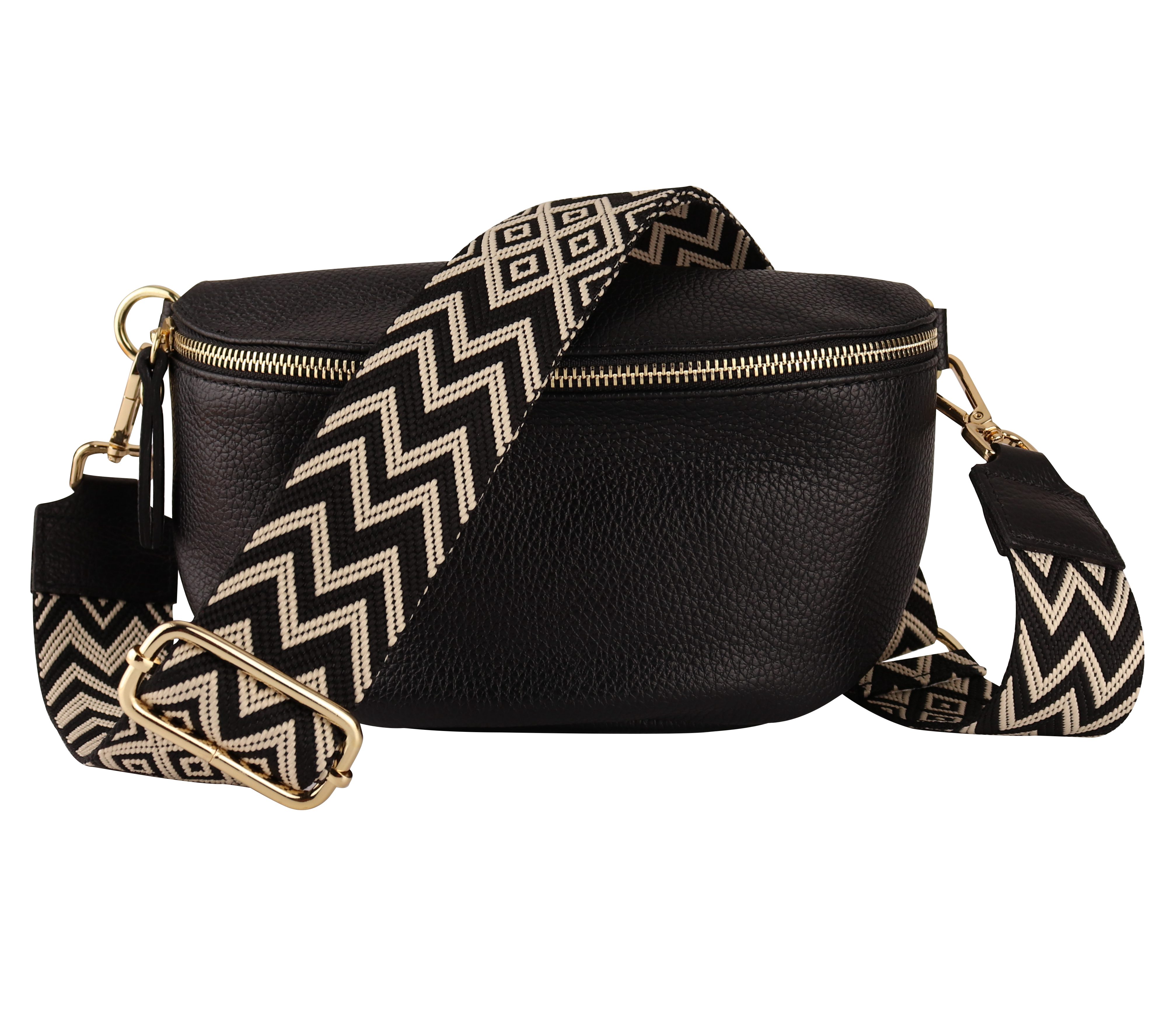 MIRROSI Bauchtasche mit GOLDENER Reißverschluss Damen, Echtleder, MADE IN ITALY, (Umhängetasche, Schultertasche auch Leder für jeden Anlass (1 Tasche & 2 Gurte), 3 Größen auswählbar, Brusttasche), Crossbody Bag, Gold, gemusterten& verstellbaren Schulterriemen