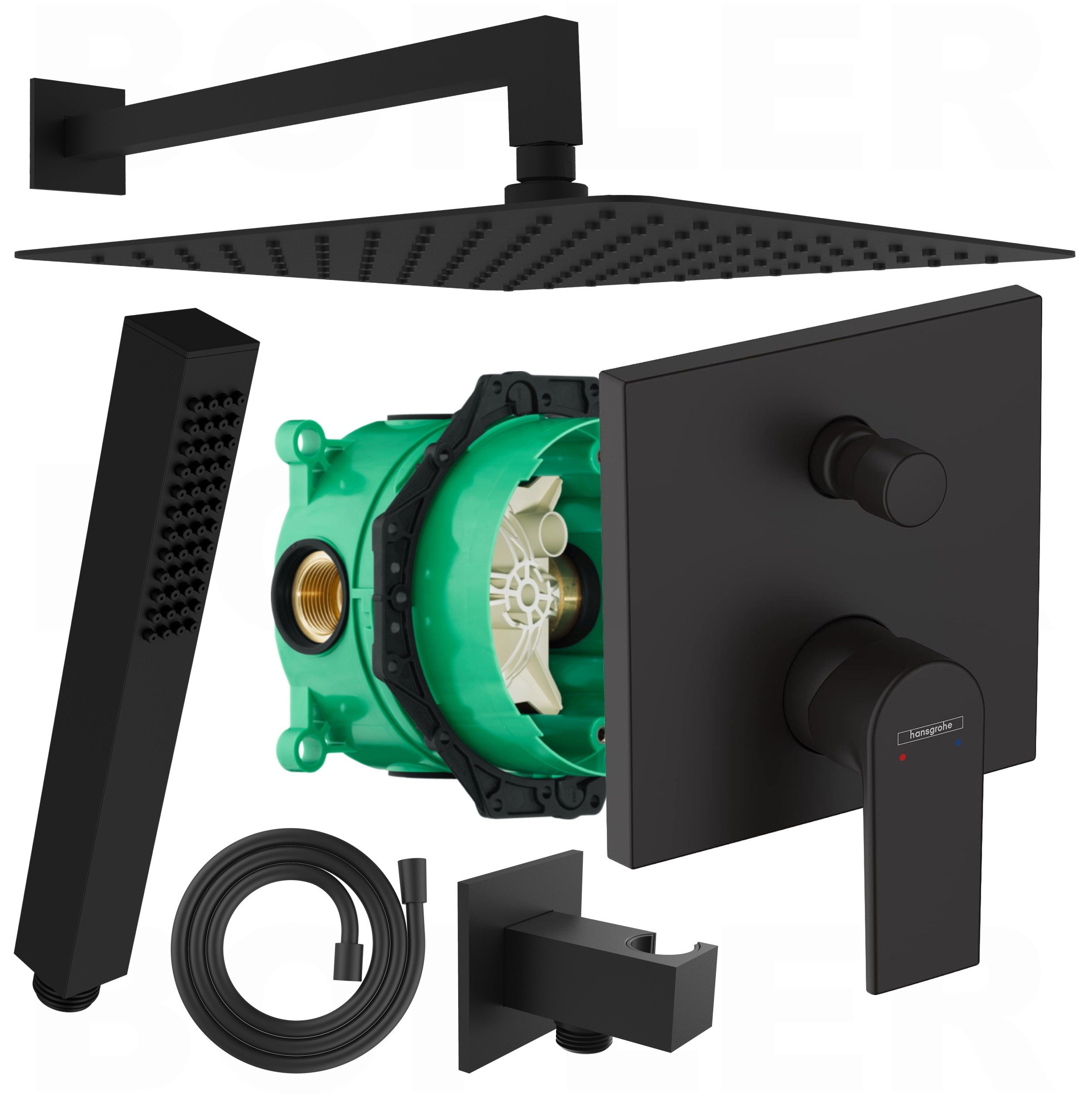 hansgrohe Duscharmatur Vernis Shape mit Unterputz Ibox 1 (Unterputz Duschsystem, Duschanlage, Duschset, inkl. BOFLER Brauseset #20 Handbrause, Regendusche 30x30cm, Brausearm) matt schwarz, Wassersparender Duschkopf