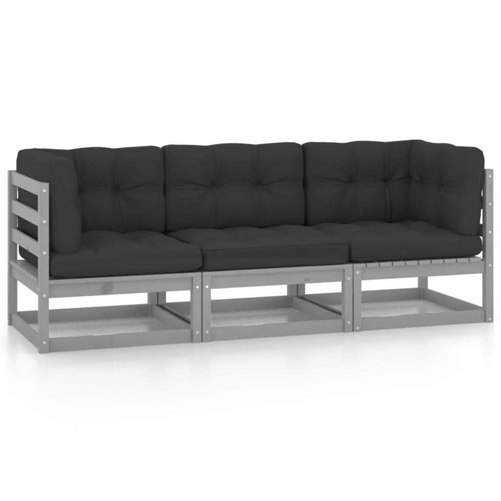 vidaXL Loungesofa 3-Sitzer-Gartensofa 1 Grau Kissen Teile Kiefer mit Massivholz