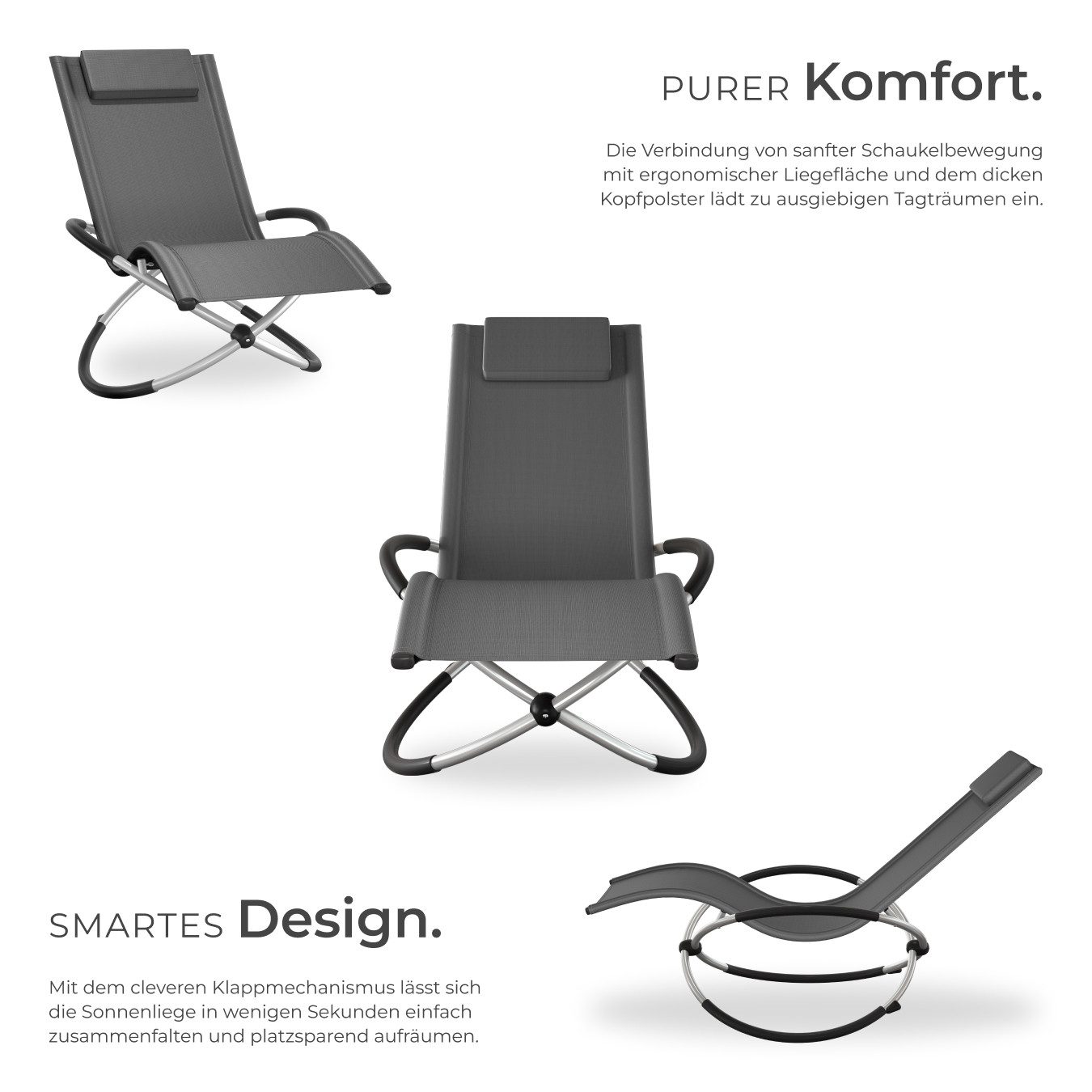 tectake Gartenliege ergonomische Sonnenliege, Belastbarkeit 150 kg, 150 x 73 x 93 cm, Balkonliege Paulina, 1 St., für Außen in Grau, atmungsaktiv, widerstandsfähig und faltbar, abnehmbares Kopfpolster
