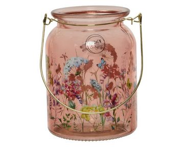 Decoris season decorations Windlicht, Windlicht Glas mit Henkel 15cm mit Blumen Motiv 1 Stück sortiert