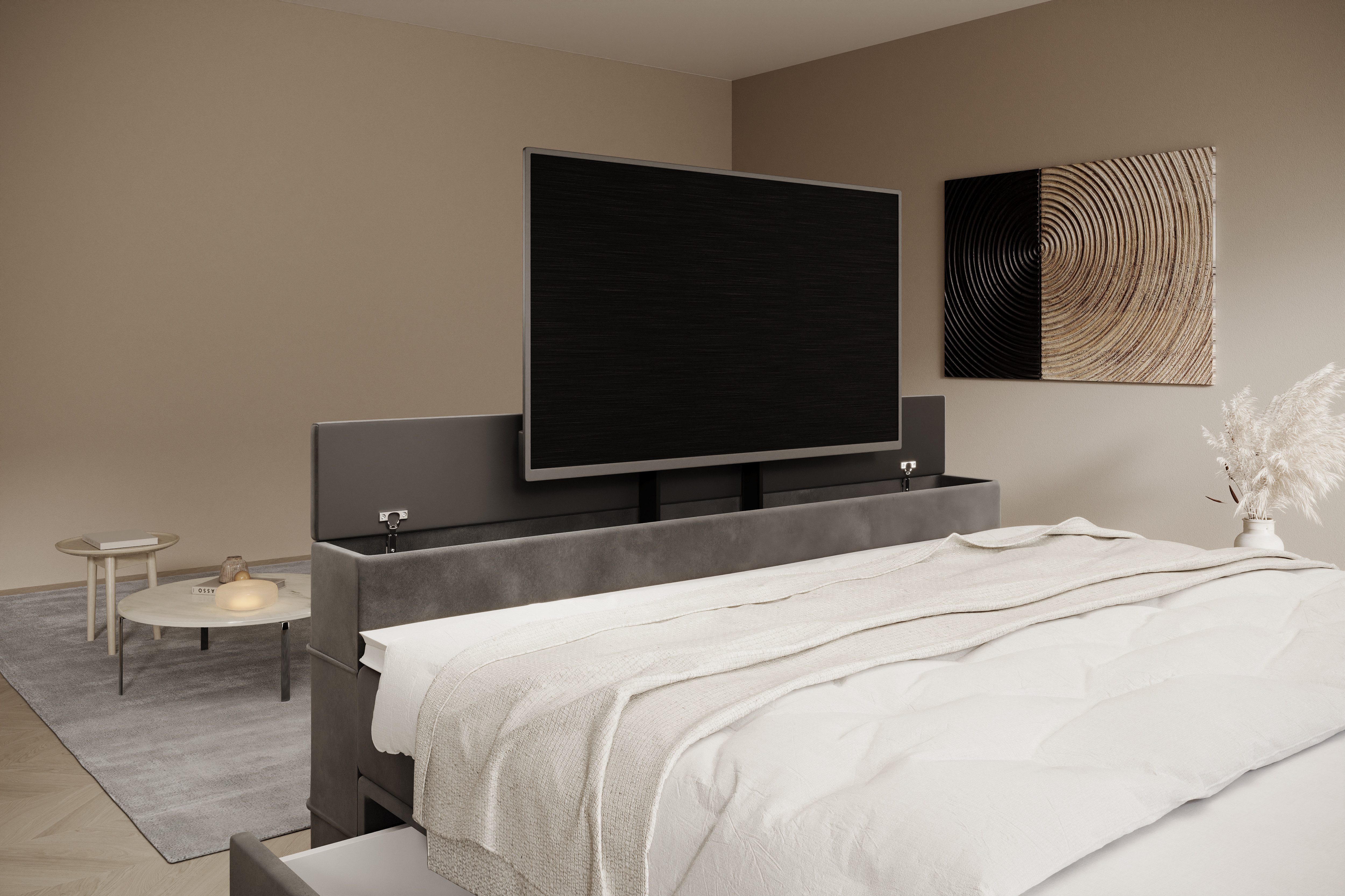 PROMETO Möbel Boxspringbett Doppelbett 180x200 mit Matratze, Schubladen TV-Lift LED Beleuchtung, inkl. 7-Zonen-Taschenfederkernmatratze, TV-Lift im Fußteil, Topper