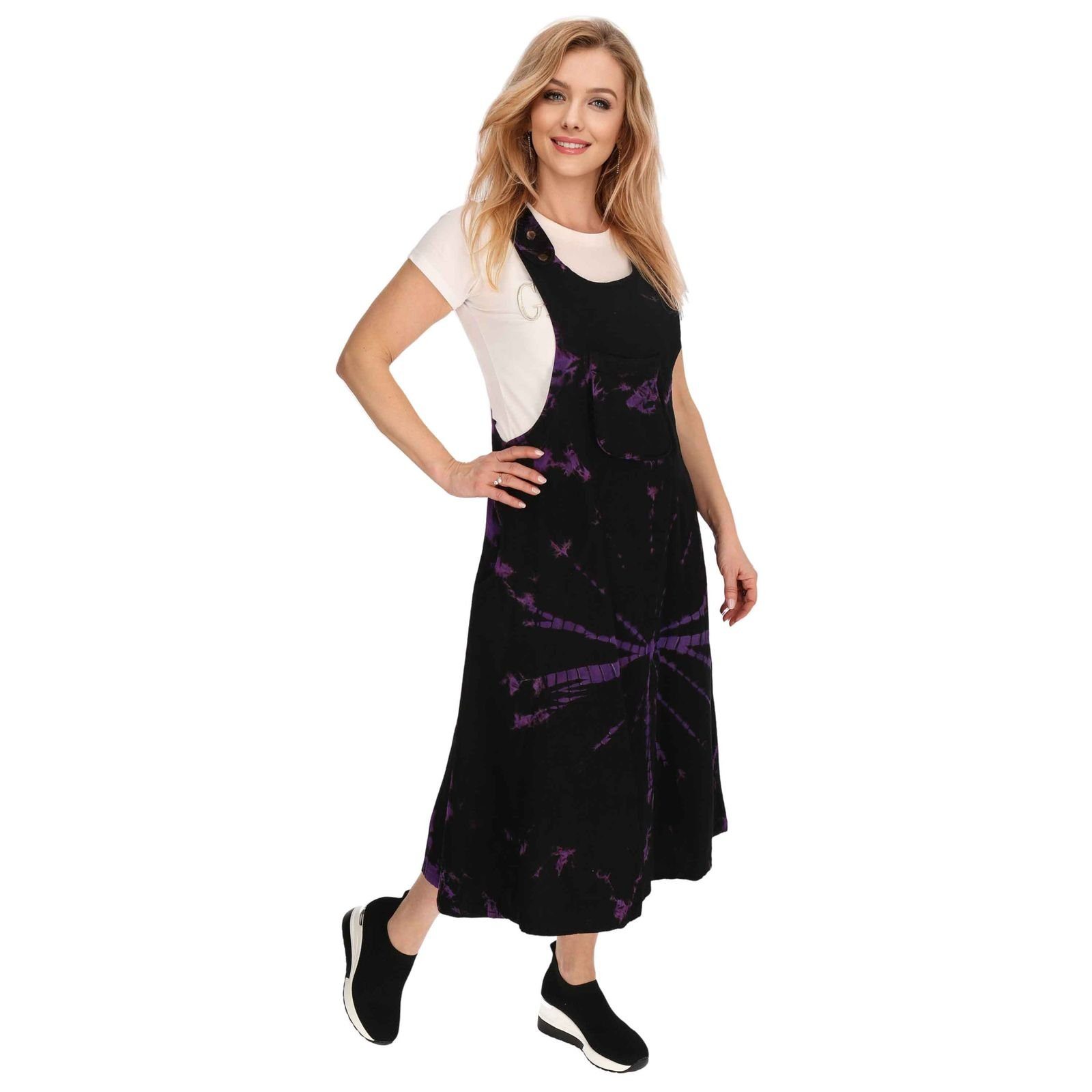 Overall Latzkleid Tie Batik Sommerkleid Boho Ibiza / MAGIE Schwarz Hippie KUNST 70er Latzhose Dy Lila UND bunt