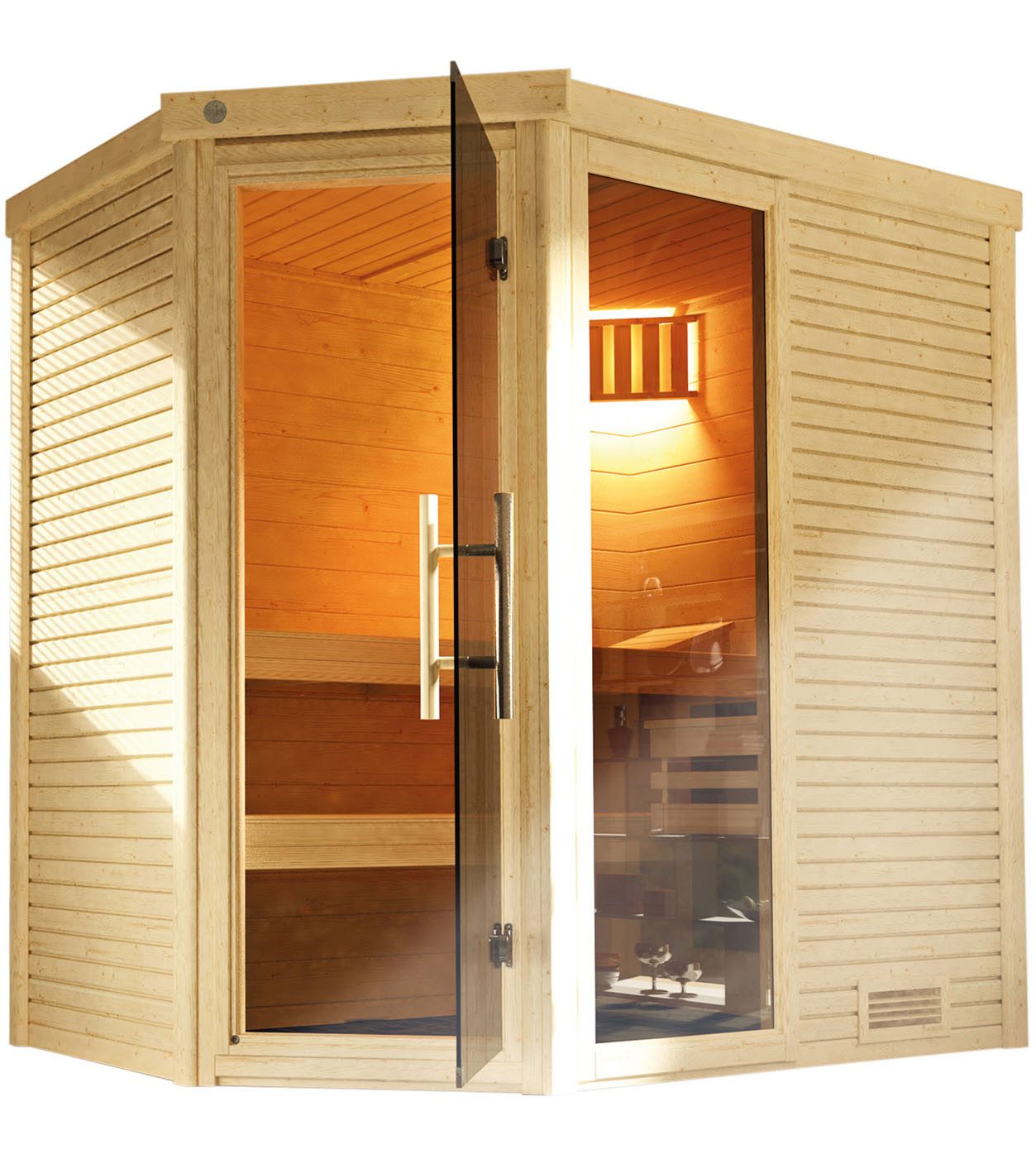 weka Sauna Massivholzsauna CUBILIS ECK 1, BxTxH: 198 x 148 x 205 cm, 45 mm, Blockbohlen im wekaLine-Profil, Fensterelement, Ganzglastür