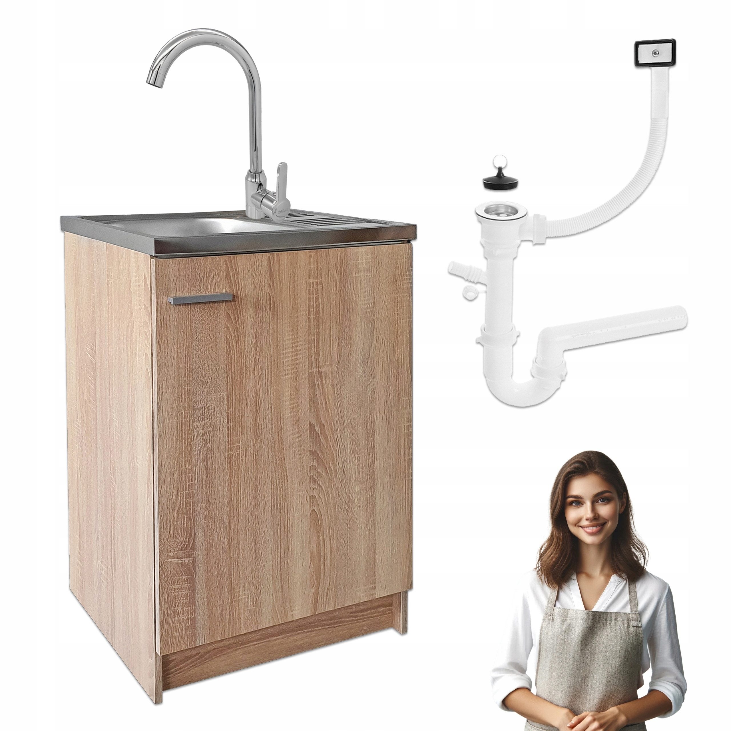 STAMAR Spülenschrank Küchenschrank 60cm Sonoma Slim Deante Spüle Hohe Armatur Chrom Set Standschrank 50cm Tiefe Hohe Chrom-Armatur Siphon Montagefertig XXL