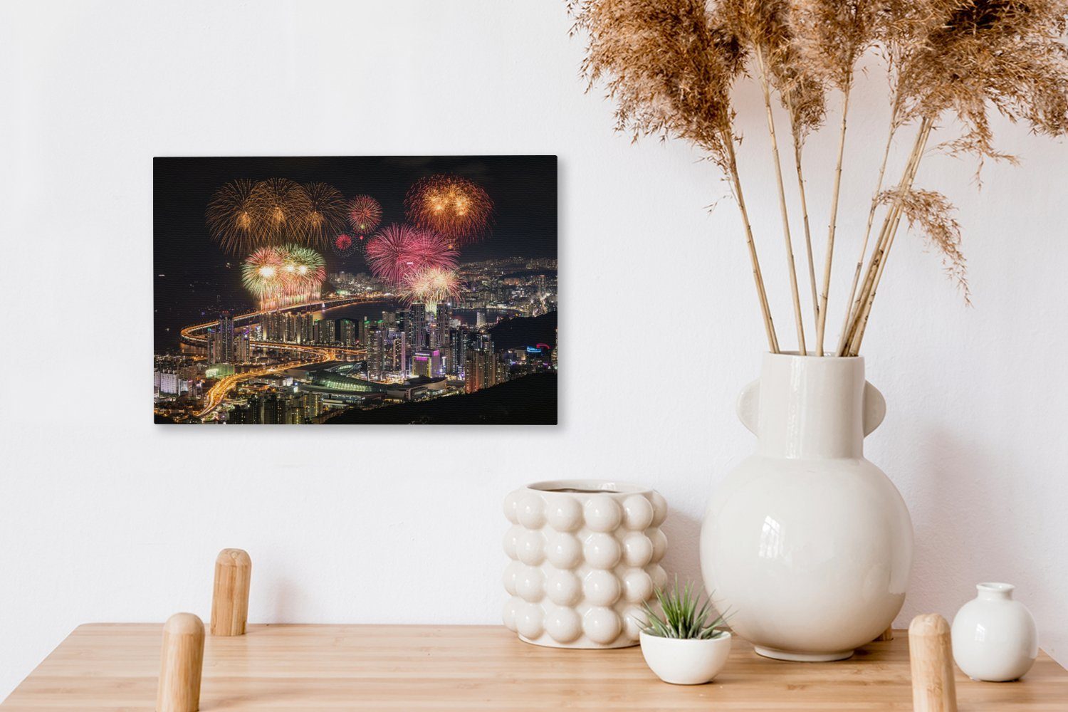 Stadt südkoreanischen Aufhängefertig, (1 Busan, cm Leinwandbild Wanddeko, Leinwandbilder, St), über 30x20 Feuerwerk der Wandbild OneMillionCanvasses®