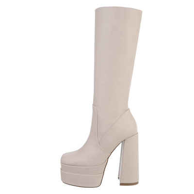 Ital-Design Damen Party & Clubwear Plateaustiefel Blockabsatz High-Heel Stiefel in Beige