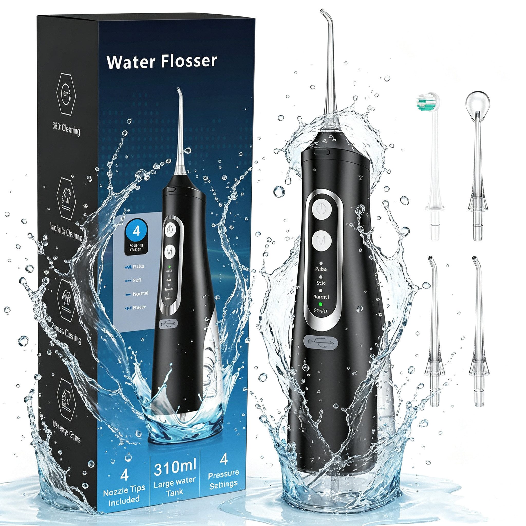 Forrlite Munddusche 2026 Neues Munddusche Elektrischer Zahnreiniger 4 Modi & 4 Düsen, Düsen Kabellose Munddusche IPX7 Wasserdicht Wasser Flosser 310ML