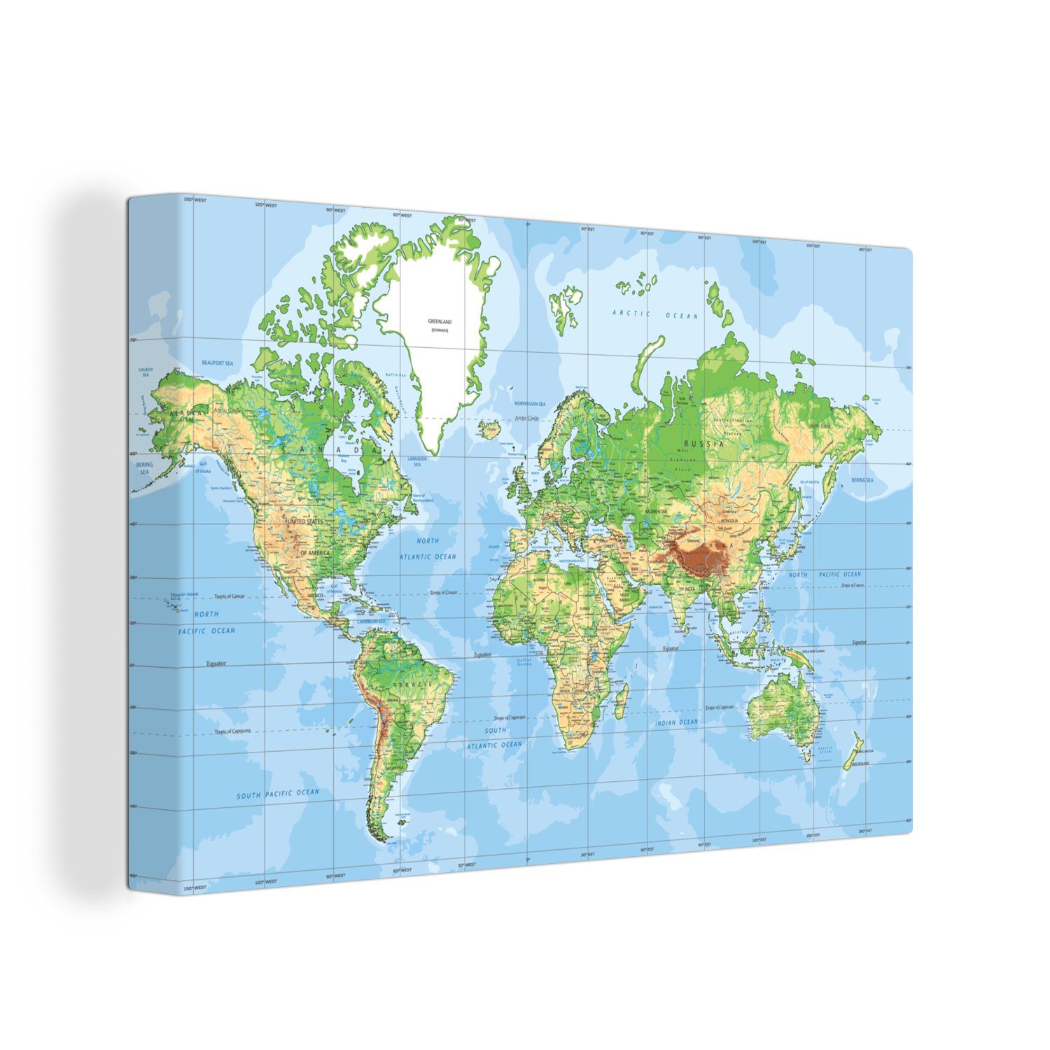 OneMillionCanvasses® Leinwandbild Wanddeko, (1 Aufhängefertig, Leinwandbilder, St), Wandbild 30x20 Atlas - Weltkarte cm - Topographie