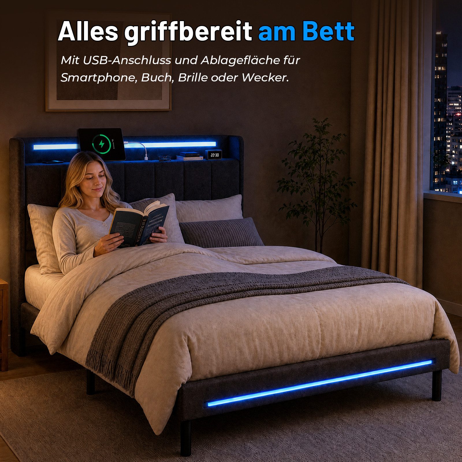 Patbrela Polsterbett mit LED und USB-Ladefunktion, für Matratze 140x200/160x200 cm, Doppelbett mit gepolstertem Kopfteil