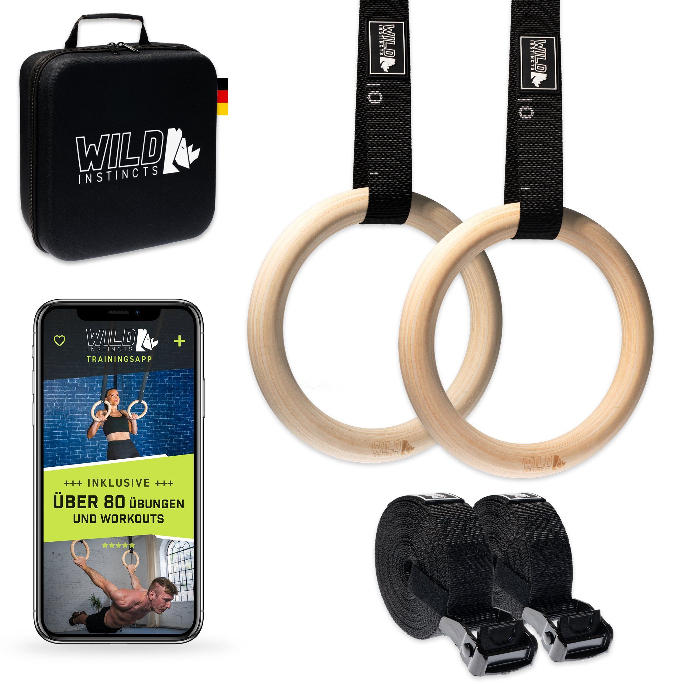 28mm zum Turnringe passgenaue Turnen / 2 Ringe Gymnastikringe / Fitnessringe Trainieren Turnen Instincts inklusive WebApp), (Set, 2 Wild Holz Gurtbänder, Tasche Birkenholzringe, aus und / Trainingsring Holzringe