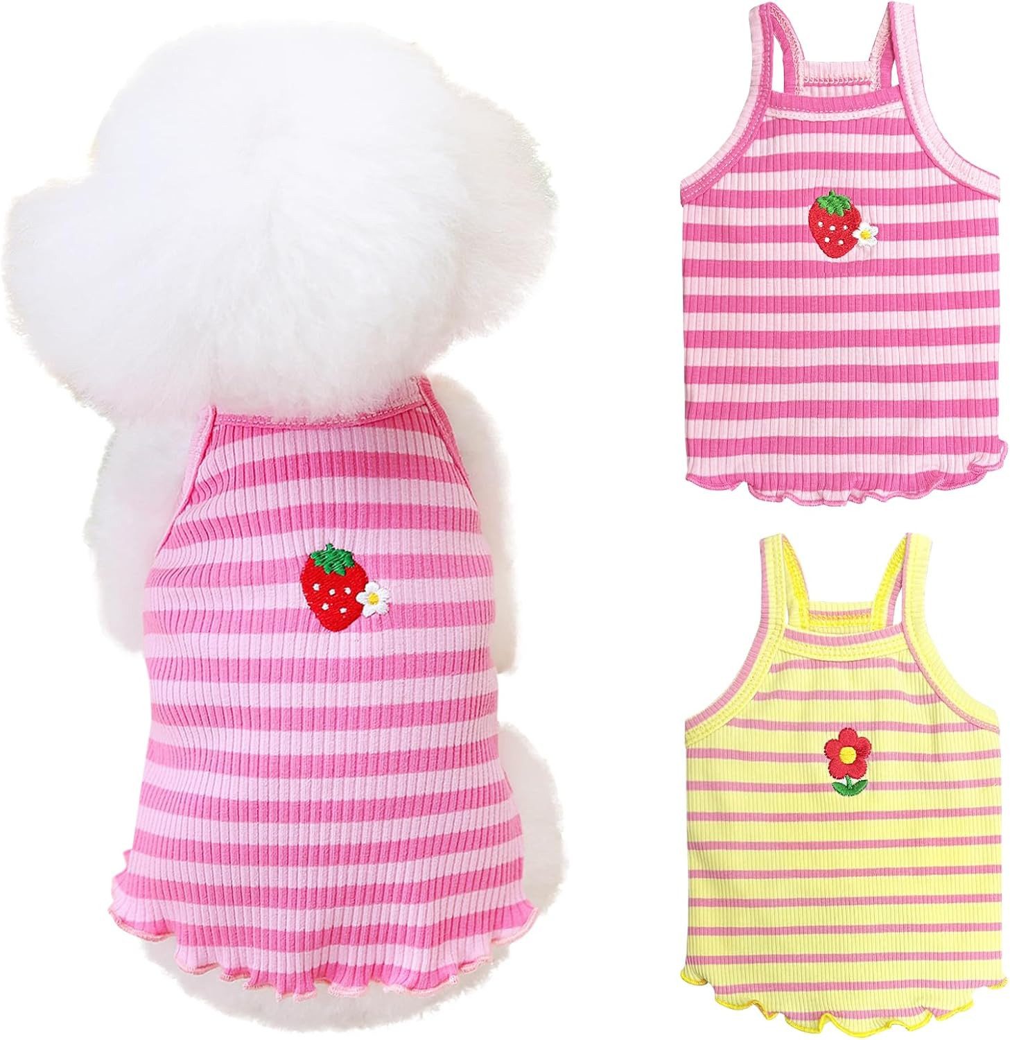 FELIXLEO Haarkamm 2 Hundeshirts Sommer Kleidung Blumen Erdbeer Stickerei Rosa Gelb