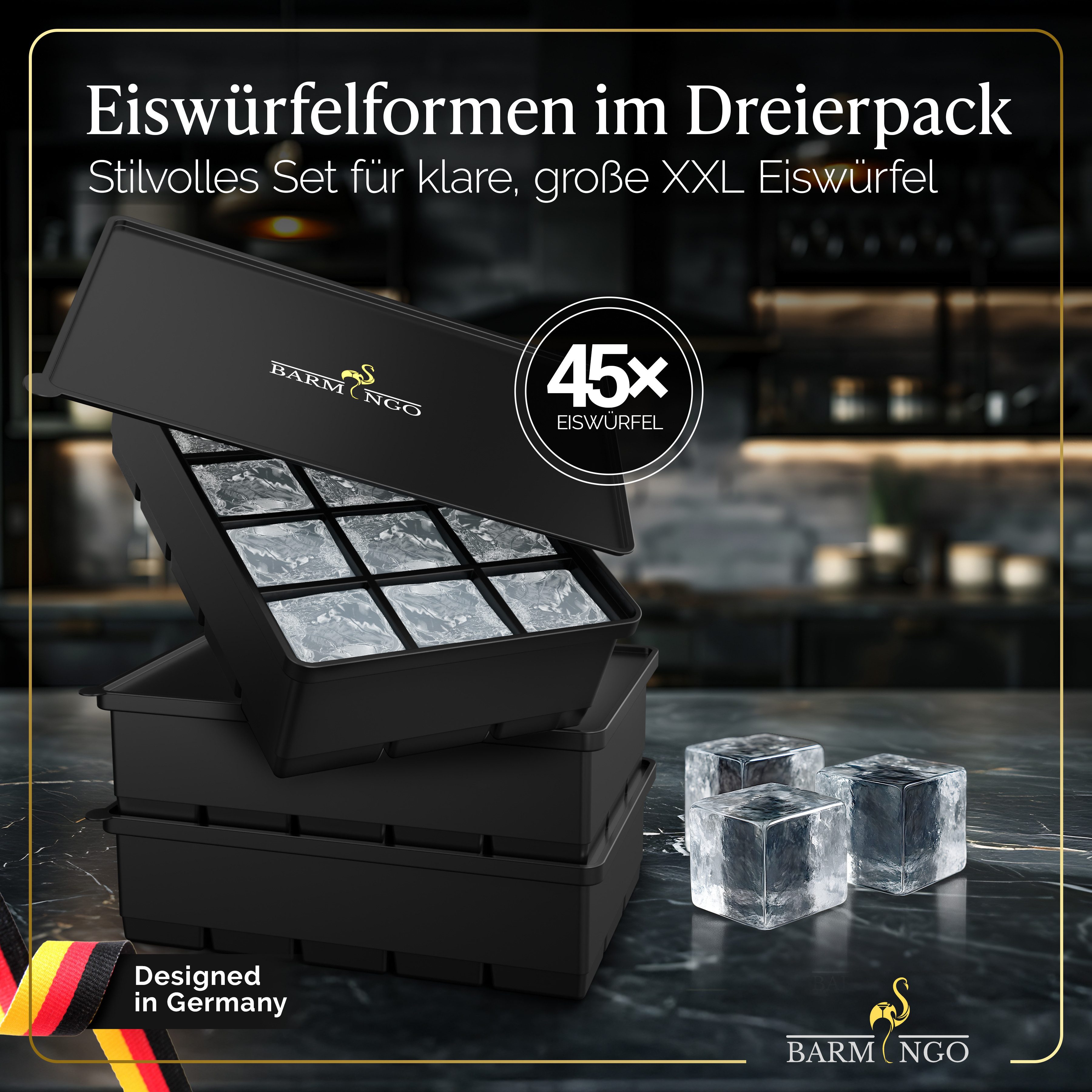 BARMINGO Eiswürfelform mit Deckel Silikon, BPA-freie Eiswürfelform groß / XXL, (3er Set), Große Eiswürfel Form auslaufsicher & spülmaschinenfest, Schwarz