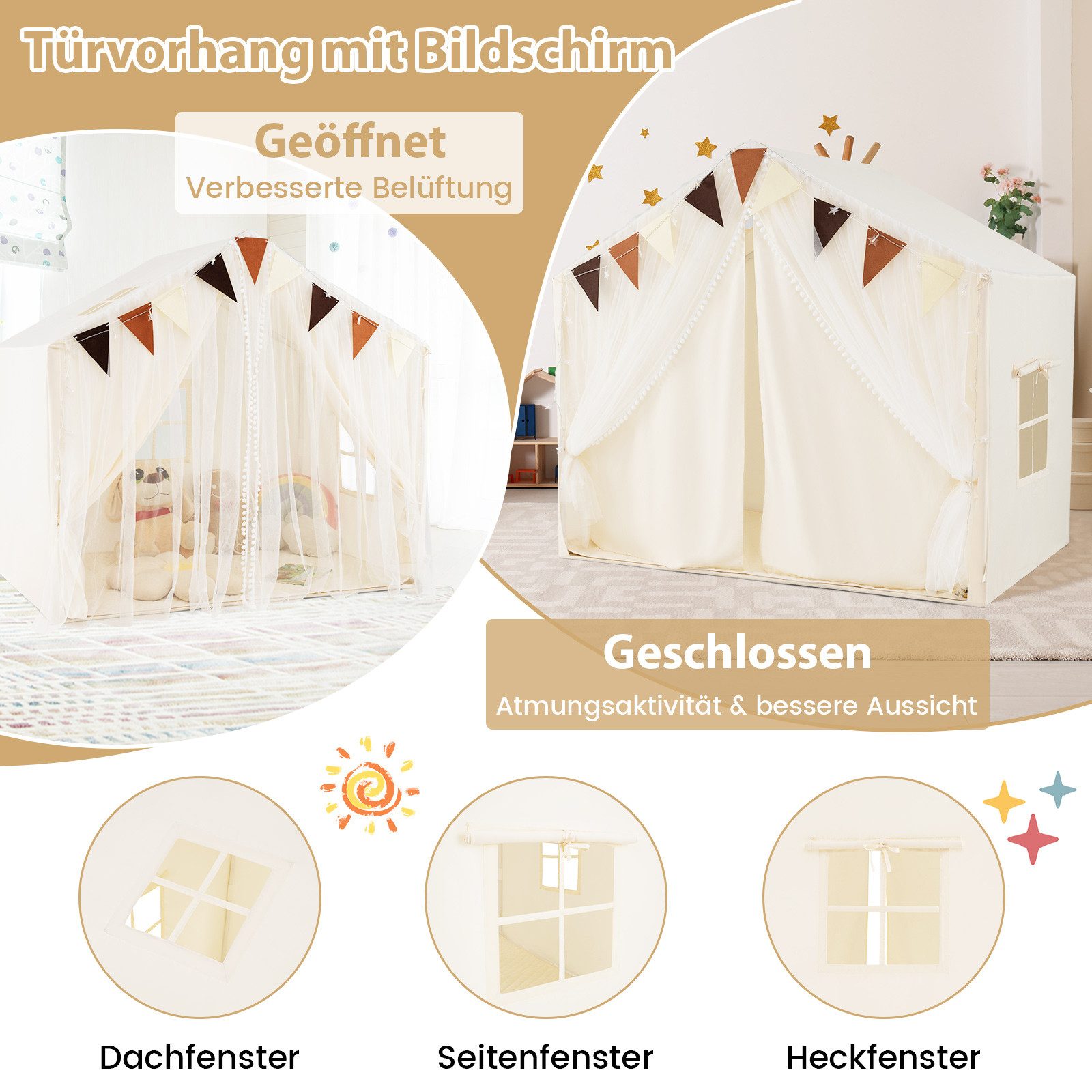 COSTWAY Spielzelt Spielhaus 146 x 96 x 133 cm, mit Netzfenstern