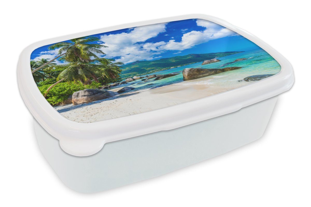MuchoWow Lunchbox Strand - Meer - Tropisch, Kunststoff, (2-tlg), Brotbox für Kinder und Erwachsene, Brotdose, für Jungs und Mädchen weiß