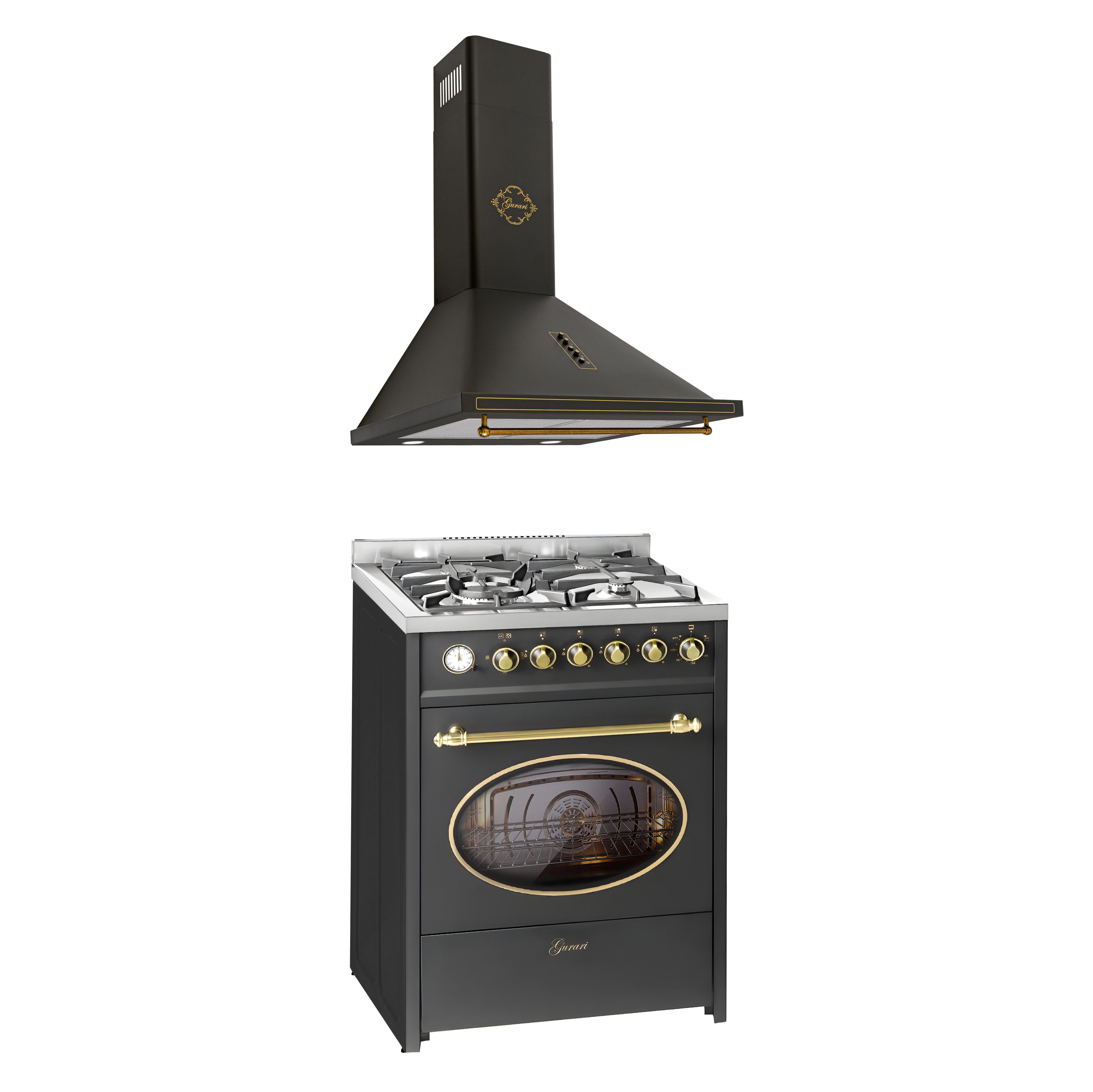 GURARI Gas-Standherd GCH G 614 BL+GCH 975 Bl 6, mit 1-fach-Teleskopauszug, Gas Standherd 60 cm /55 L+Retro Dunstabzugshaube 60cm, 850m³/h