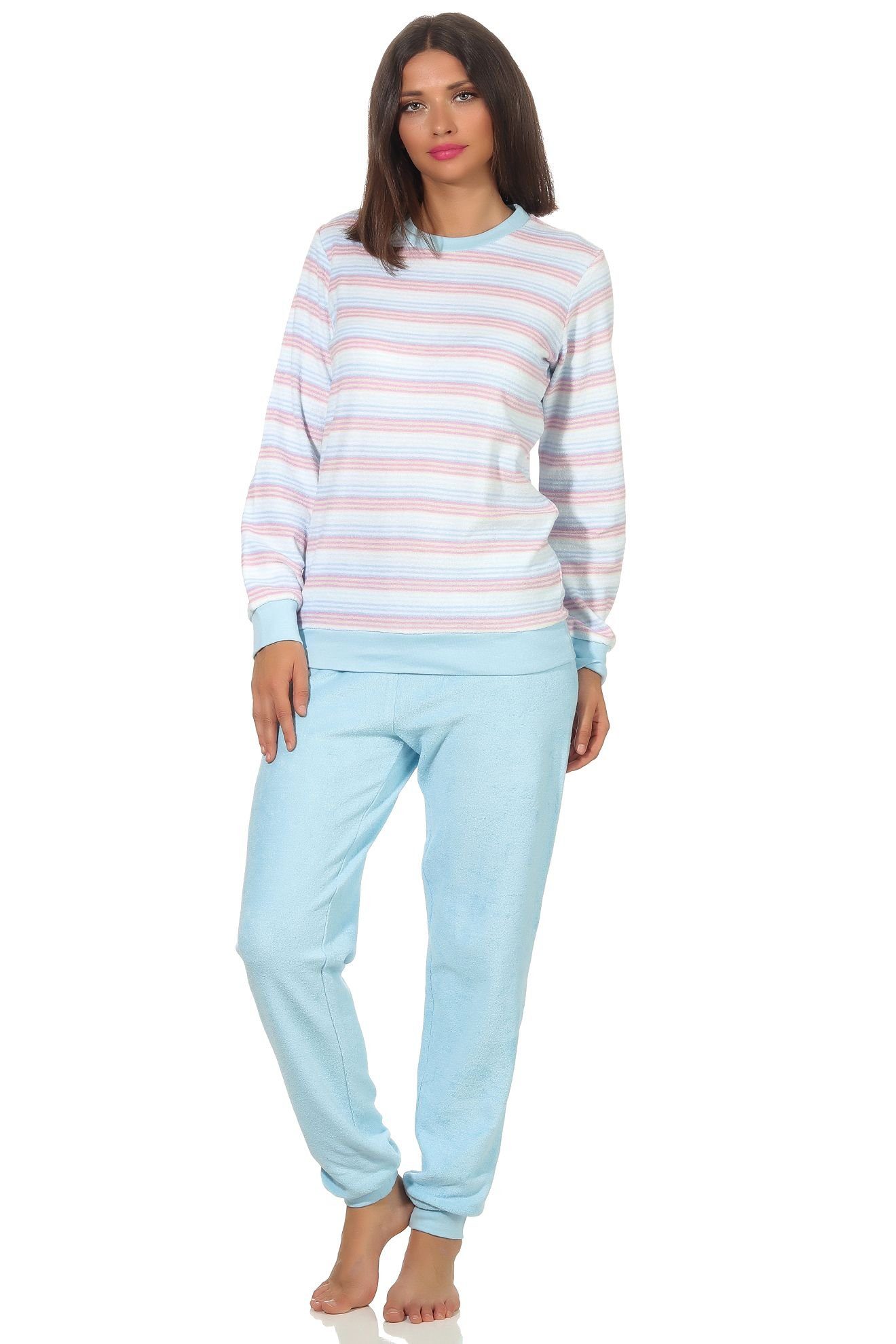 Normann Pyjama Damen Frottee Schlafanzug mit Bündchen Pyjama in Streifenoptik