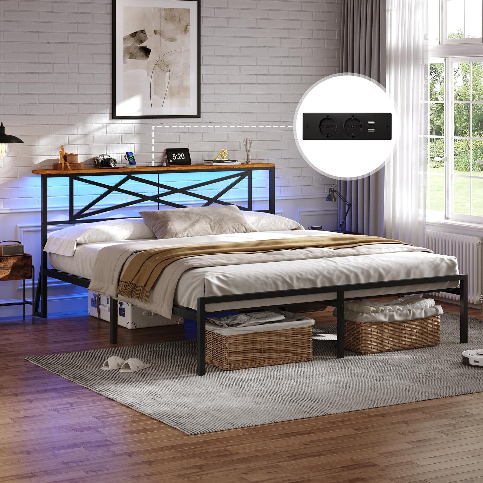 MSMASK Metallbett mit LED-Beleuchtung, Steckdose und 2 USB-Anschlüssen (Ohne Matratze), Bettgestell 180 x 200 cm in Braun mit Metall-Lattenrost