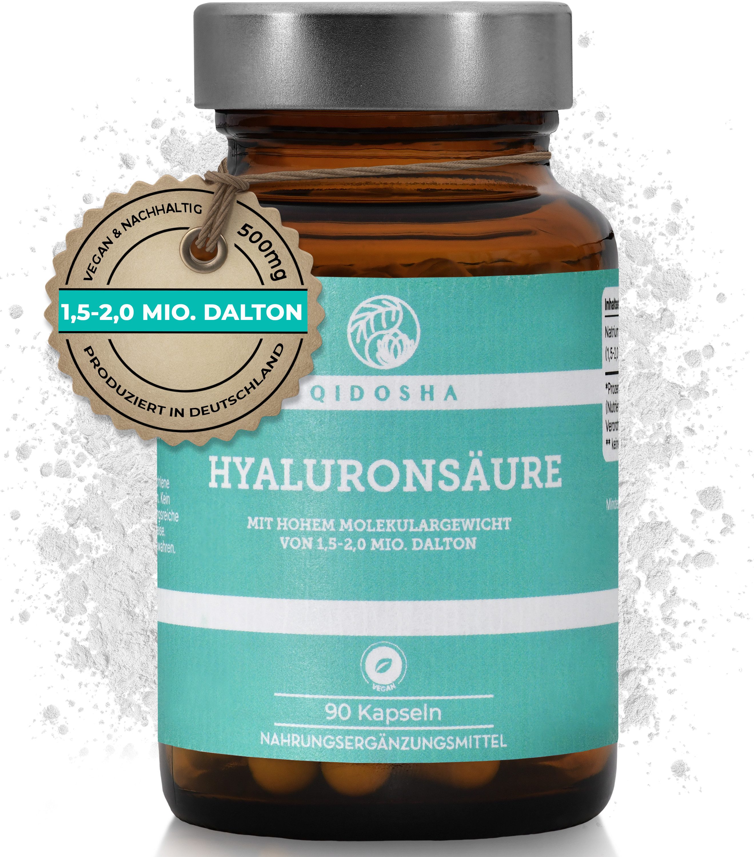 QIDOSHA Premium Hyaluronsäure Kapseln, TESTSIEGER 07/23*, hohes Molekulargewicht von 1,5-2 Mio. Dalton (marktüblich: 0,5 Mio), 250mg/Kapsel, 90 Stk/Apothekerglas, vegan, natürlich aus Fermentation à 90 St., 54.0 g