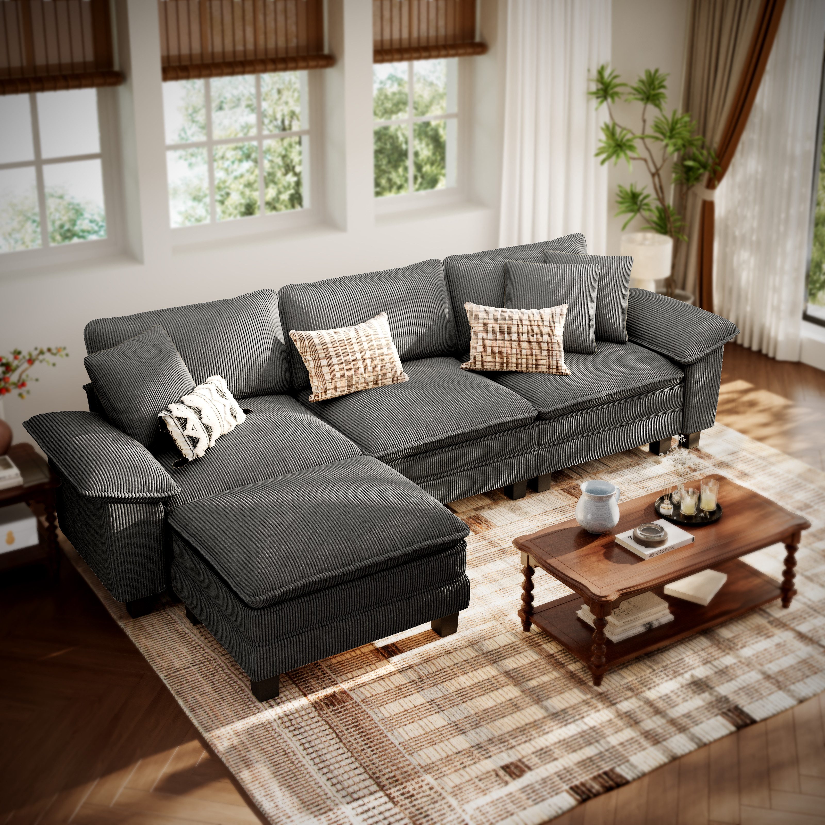 PHI VILLA Ecksofa L-Form Couch, 4-6-Sitzer-Sofa, Modulare Sofas inklusive Zierkissen und Ottomane für das Wohnzimmer