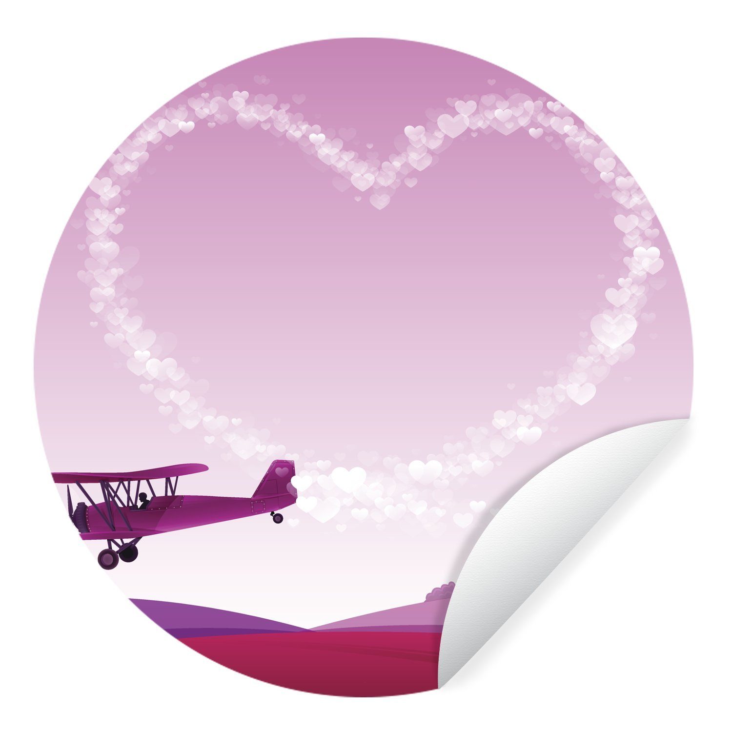 MuchoWow Wandsticker Eine Illustration eines Flugzeugs in einem rosa Himmel (1 St), Tapetenkreis für Kinderzimmer, Tapetenaufkleber, Rund, Wohnzimmer