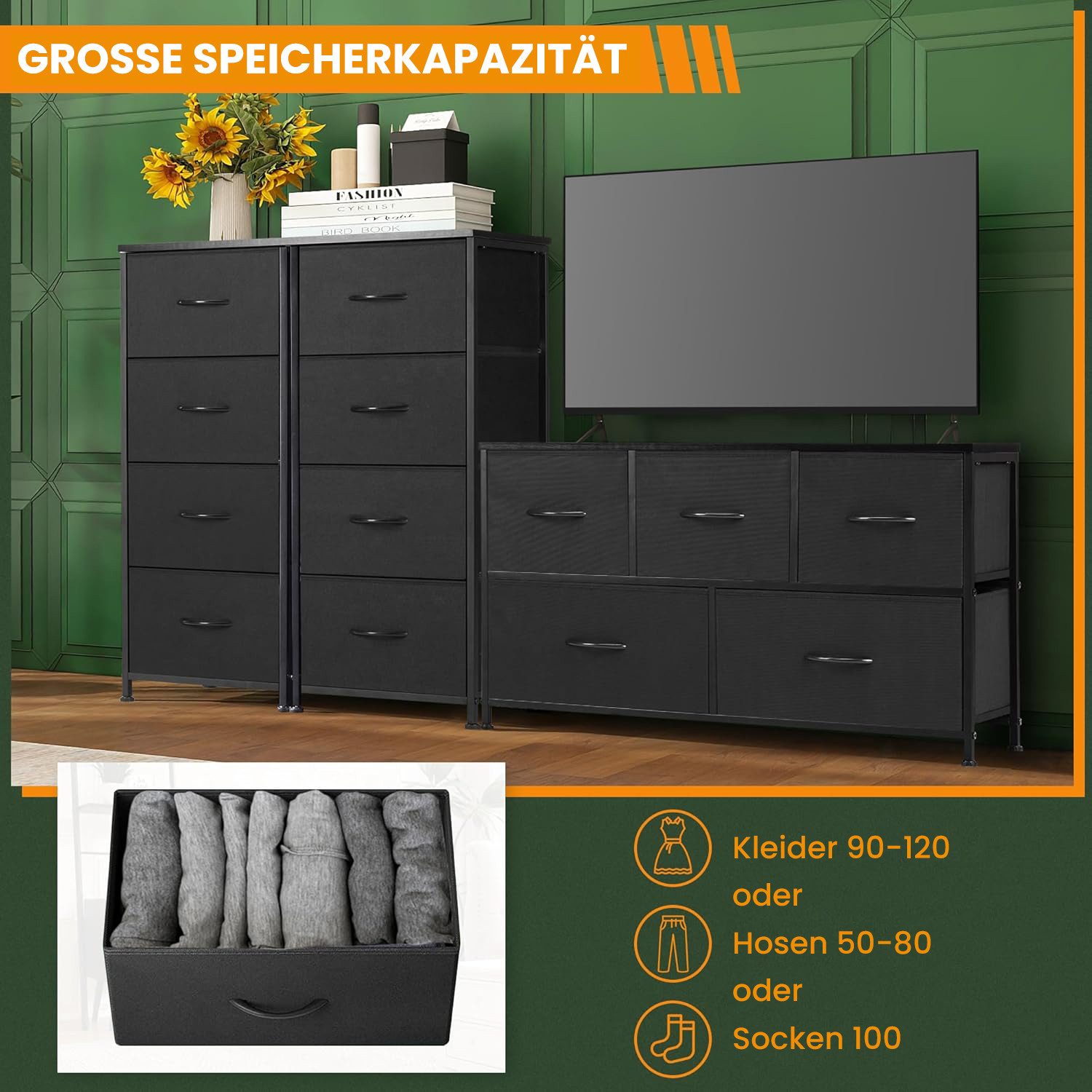 DUMOS Stauraumschrank Kommode mit Stoffschubladen, Stoffkommode für Schlafzimmer Geeignet Schubladenschränke