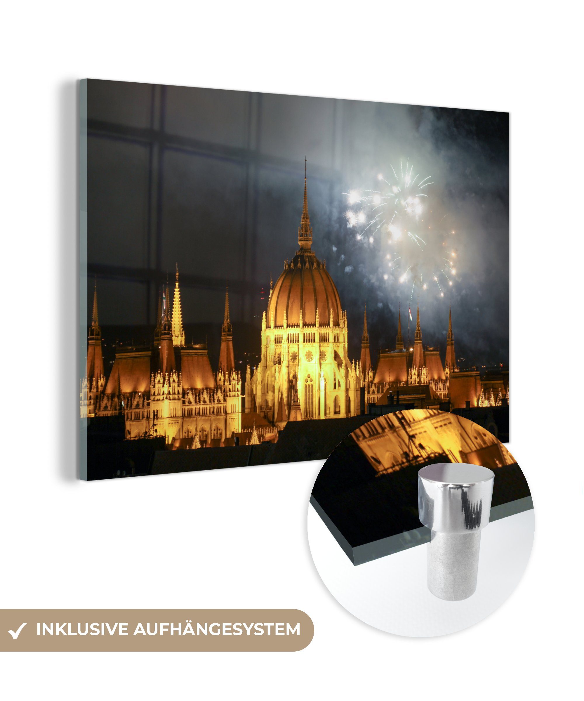 MuchoWow Acrylglasbild ungarischen am Wohnzimmer St), & Nacht, der Feuerwerk Parlamentsgebäude (1 Schlafzimmer Acrylglasbilder in